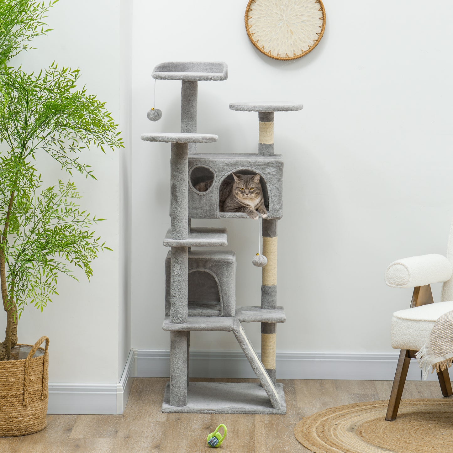 54" Cat Tree, Multi-Level Cat Tower with Scratching Posts, Cat Condos, Bed, Platforms, Ramp, Toy Ball, Light Grey Cat Towers   at Gallery Canada