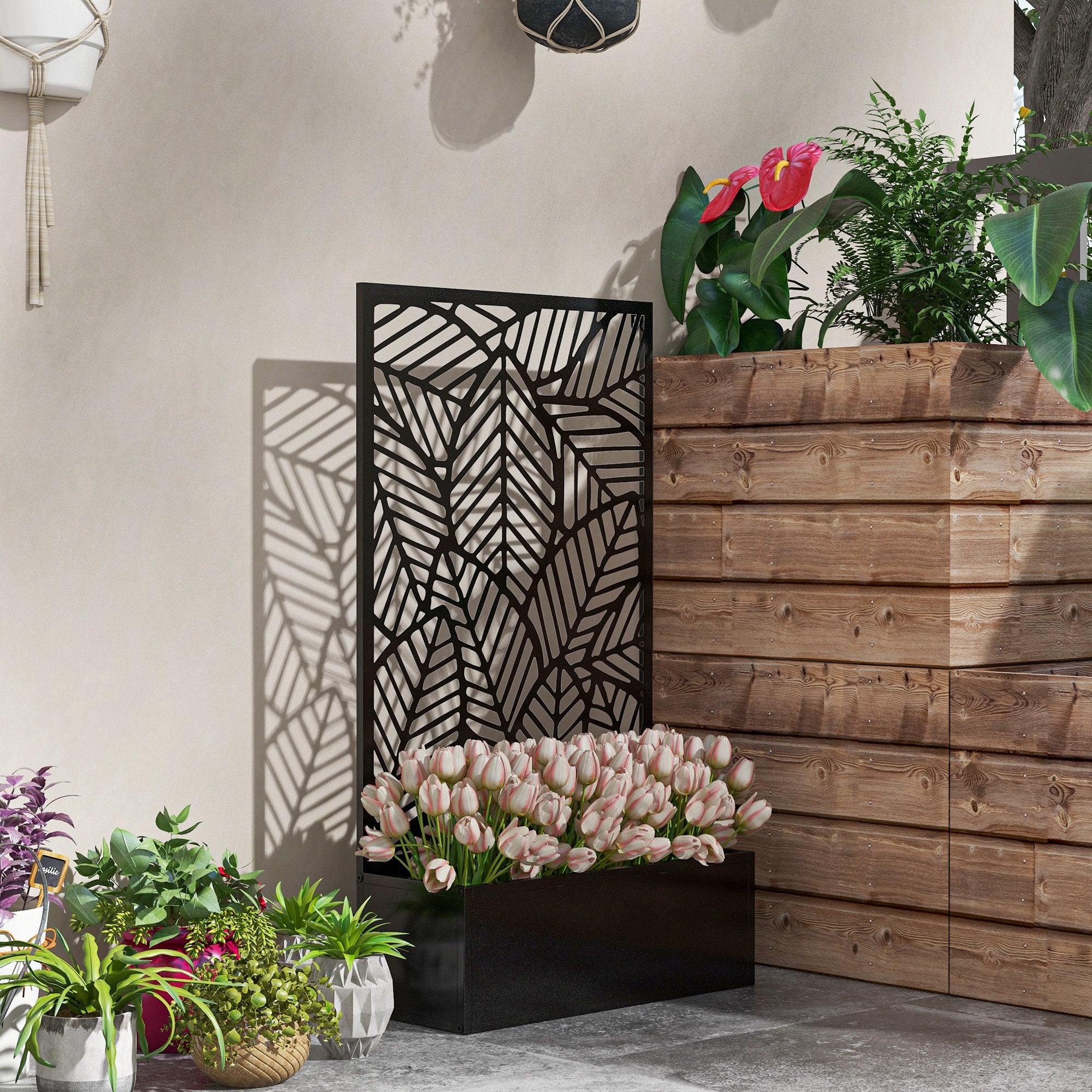 Metal Outdoor Raised Garden Bed with Privacy Screen, Privacy Panel and Planter Box, Wall-Mounted or Freestanding, Black Raised Garden Beds at Gallery Canada