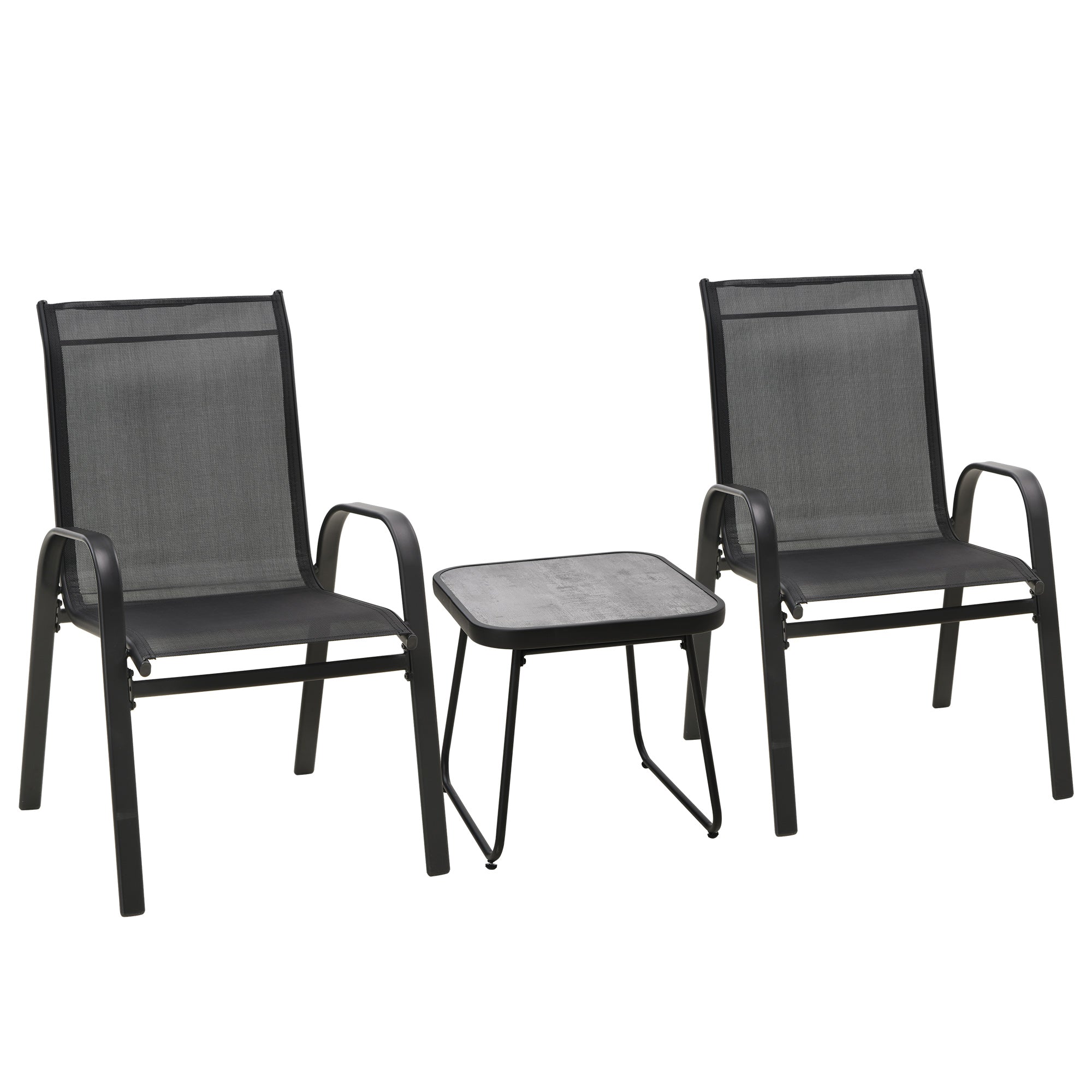 Outdoor Bistro Set of 3, 3 Piece Patio Set with Breathable Mesh Fabric, Stackable Chairs and Square Table, Black Bistro Sets Black  at Gallery Canada