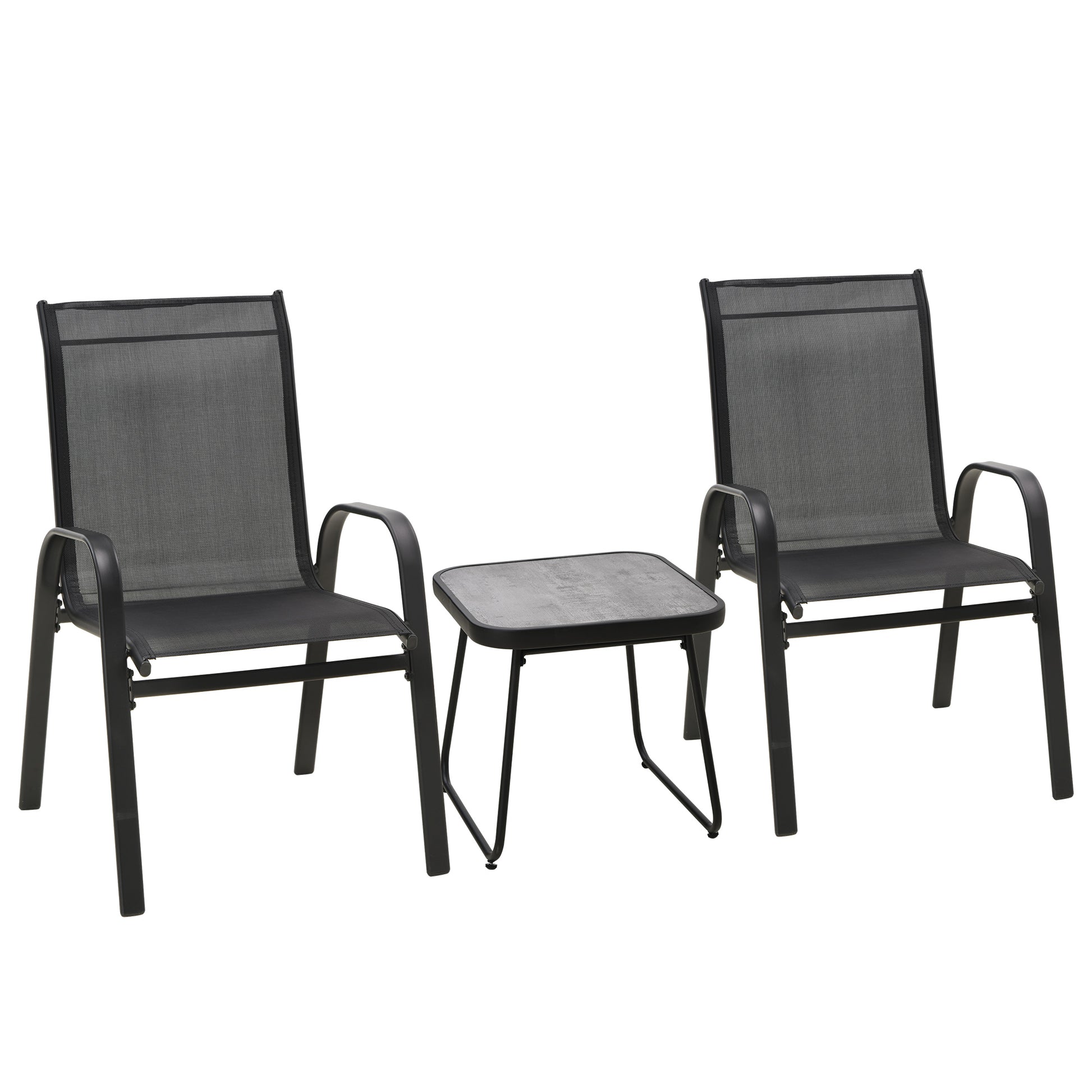 Outdoor Bistro Set of 3, 3 Piece Patio Set with Breathable Mesh Fabric, Stackable Chairs and Square Table, Black - Gallery Canada