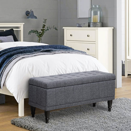 Storage Ottoman, Linen Fabric End of Bed Bench with Soft Close Lid, Button Tufted Storage Bench for Living Room, Entryway or Bedroom, 42