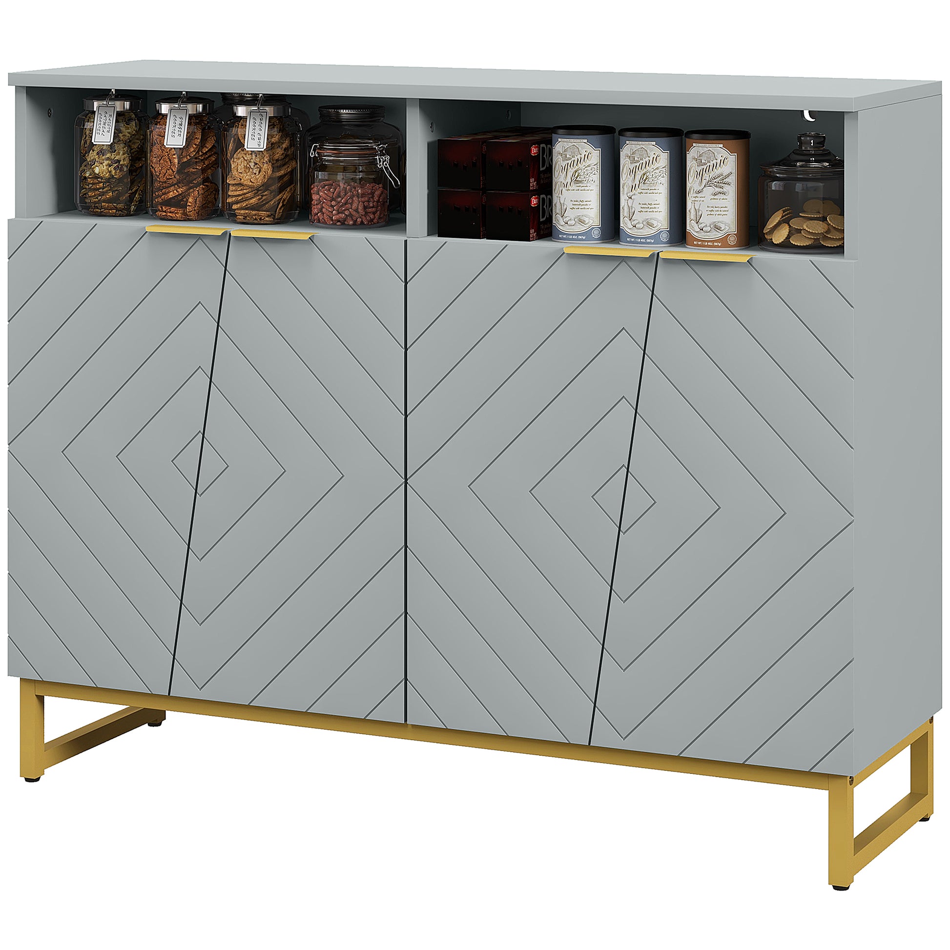 Accent Sideboards, Kitchen Storage Cabinet with 4 Doors, Adjustable Shelves, Metal Base for Living Room, Hallway, Grey Bar Cabinets   at Gallery Canada