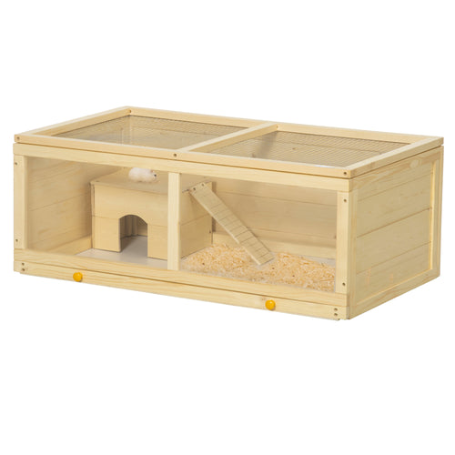 Small Animals Kit Hutch w/ Sliding Tray, Exercise Play House for Dwarf Hamsters, Gerbils, Chinchillas, Natural Wood