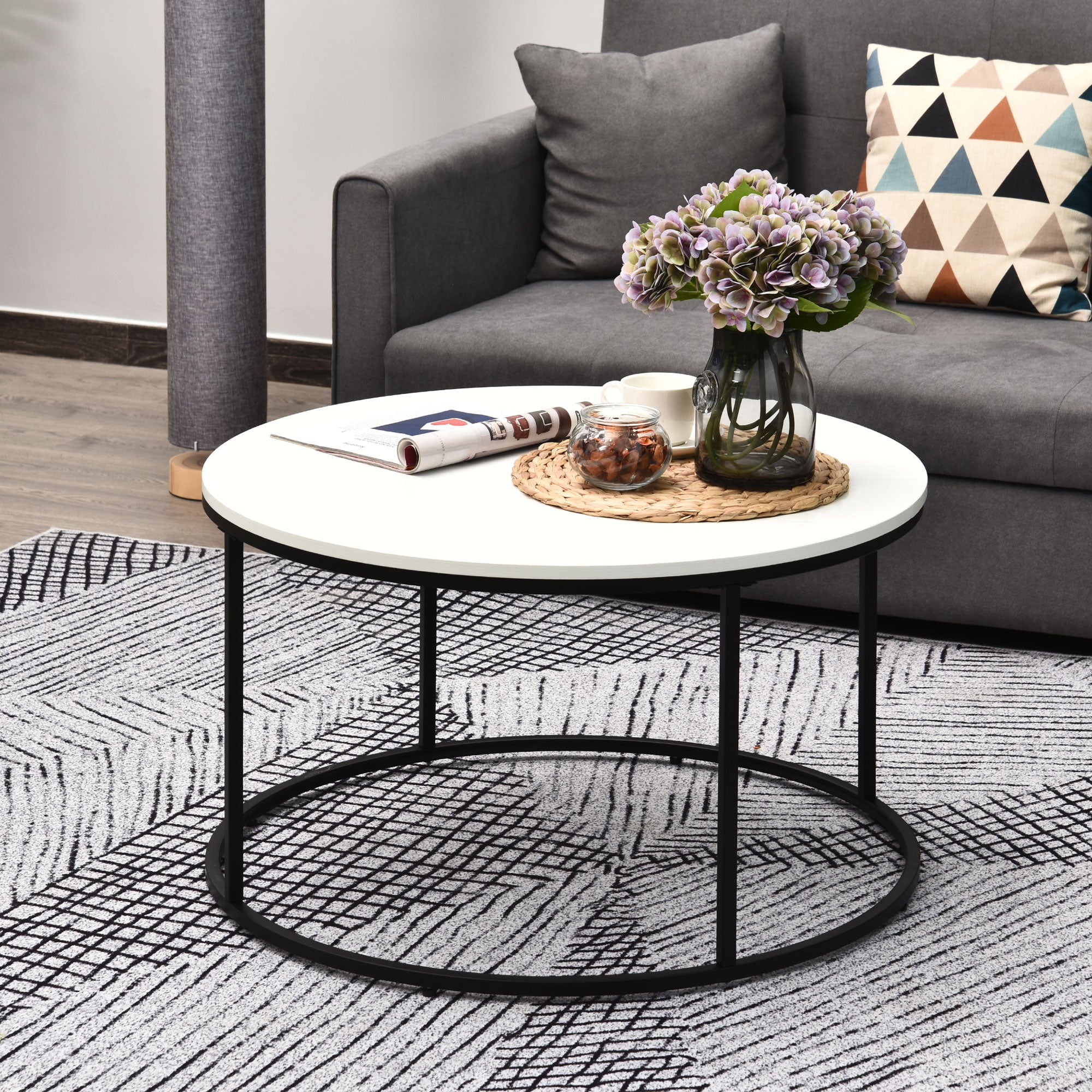 Round Coffee Table Sofa Side Table with a Modern Design, Black Metal Frame and Easy Maintenance, White Coffee Tables   at Gallery Canada