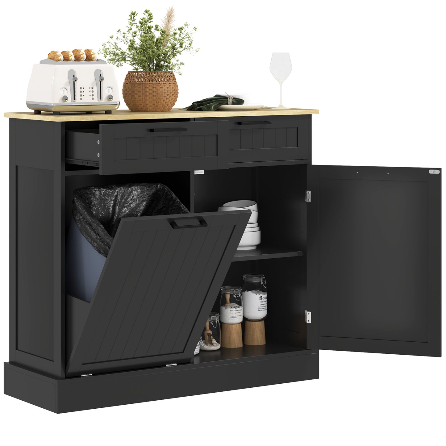 Hidden Garbage Bin Cabinet, Tilt Out Trash Cabinet w/ 2 Drawers, Freestanding Kitchen Island for Laundry, Black Bar Cabinets   at Gallery Canada