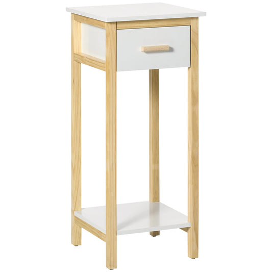 Tall Side Table, Slim Bedside Table with Drawer and Bottom Shelf, Narrow End Table with Storage and Pine Wood Frame for Small Spaces, White - Gallery Canada