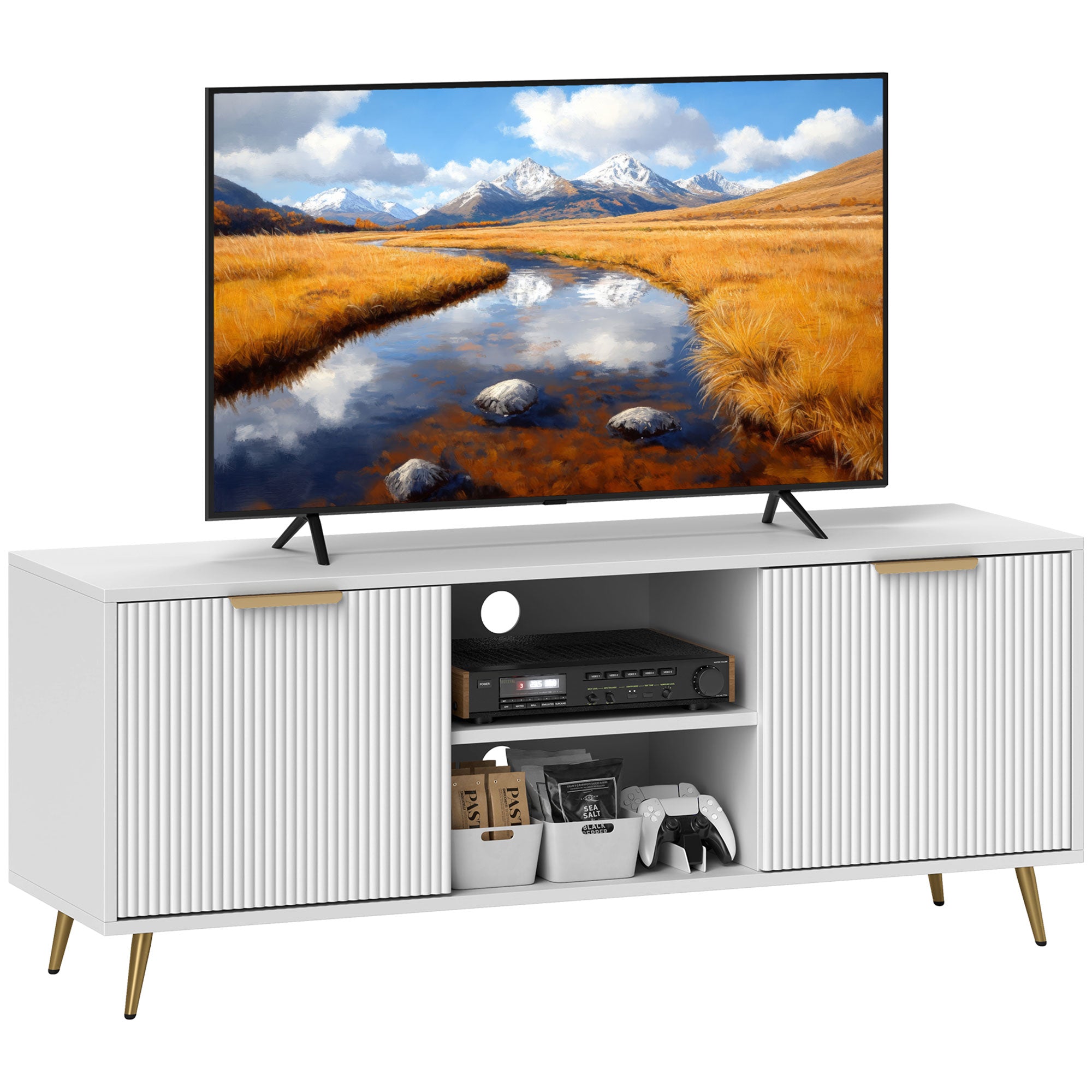 TV Stand with Storage for 55 Inch TV, Modern TV Cabinet with 2 Open Shelves and 2 Cabinets for Living Room, White TV Stands at Gallery Canada