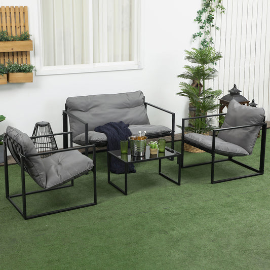 4 Piece Outdoor Furniture Set, Patio Conversation Set with Tempered Glass Table, Loveseat, 2 Chairs and Cushions, Grey Patio Furniture Sets Multi Colour  at Gallery Canada