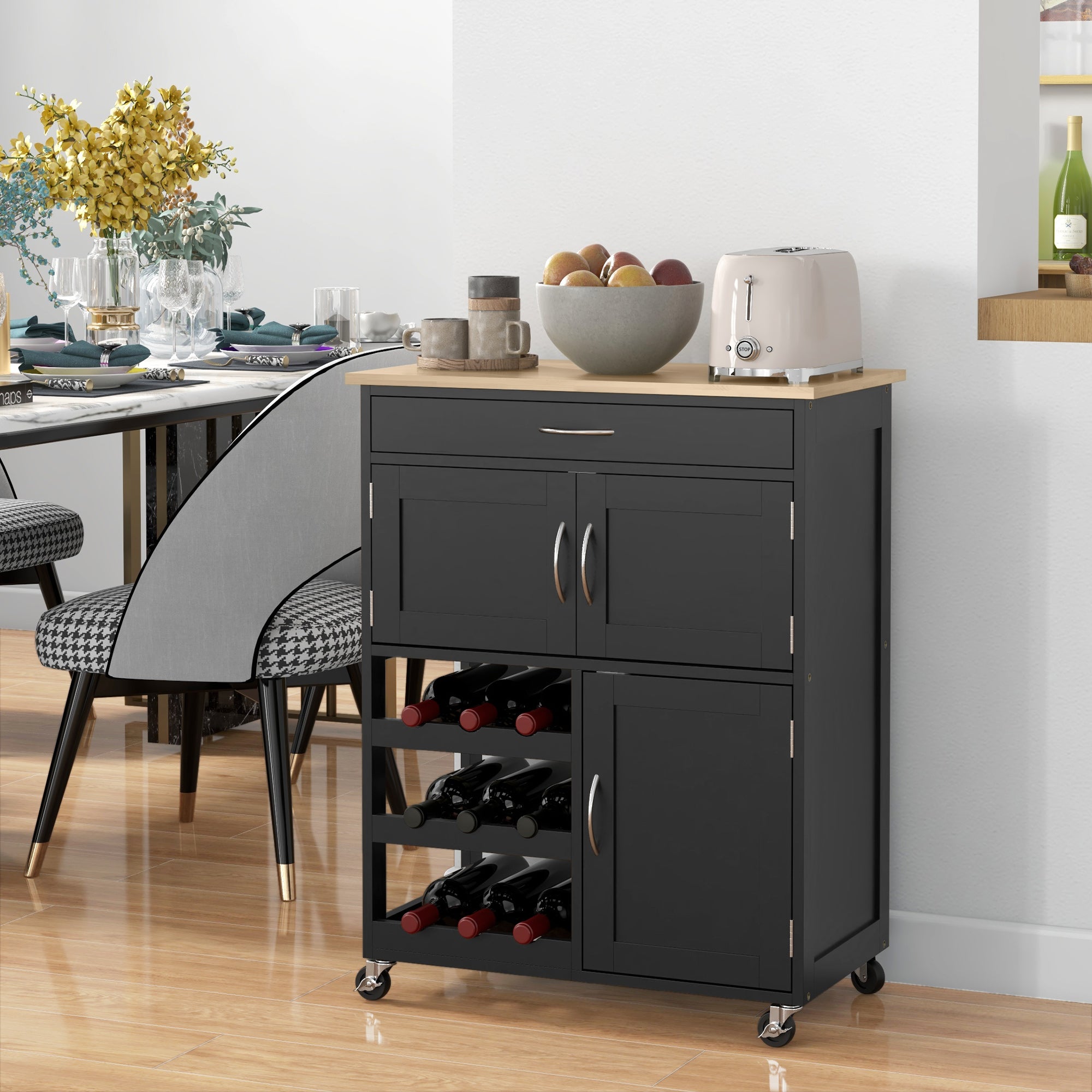 Rolling Kitchen Cart, Kitchen Island with Storage Drawer, 9-bottle Wine Rack, Door Cabinets, Wooden Countertop, Black Kitchen Islands & Kitchen Carts   at Gallery Canada