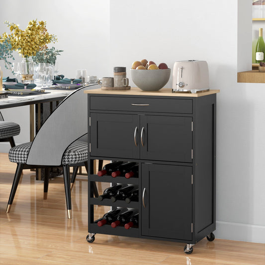 Rolling Kitchen Cart, Kitchen Island with Storage Drawer, 9-bottle Wine Rack, Door Cabinets, Wooden Countertop, Black Kitchen Islands & Kitchen Carts Multi Colour  at Gallery Canada