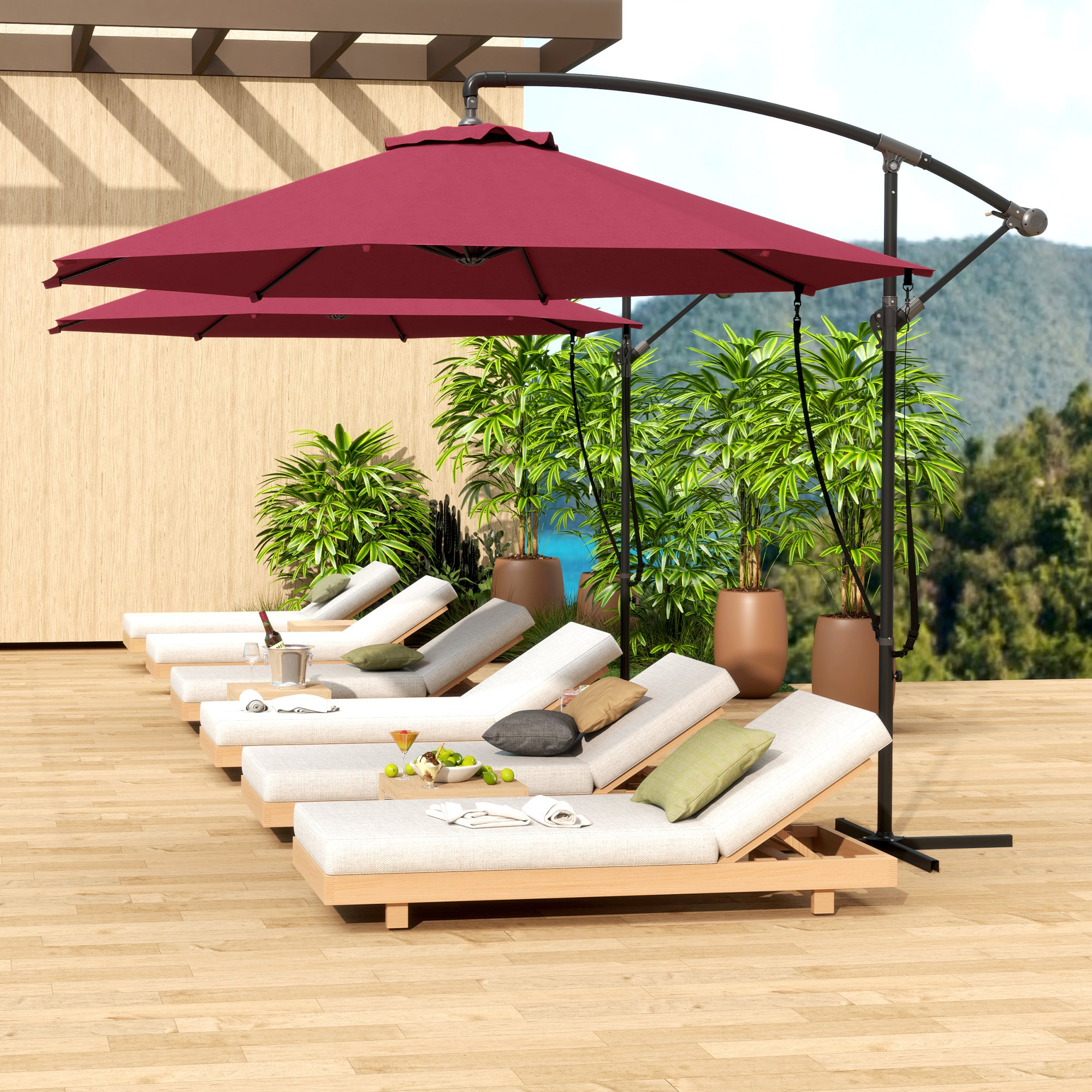 9.5' Cantilever Umbrella with Wind Protection Strap and Cover, Hanging Umbrella with Crank and Cross Base, UPF 50+, Red Offset Cantilever Umbrellas Wine Red at Gallery Canada