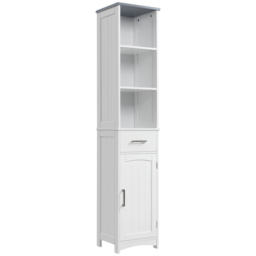 Tall Bathroom Storage Cabinet with 3 Tier Shelf, Cupboard, Drawer, Door, Freestanding Linen Tower, Slim Side Organizer, White