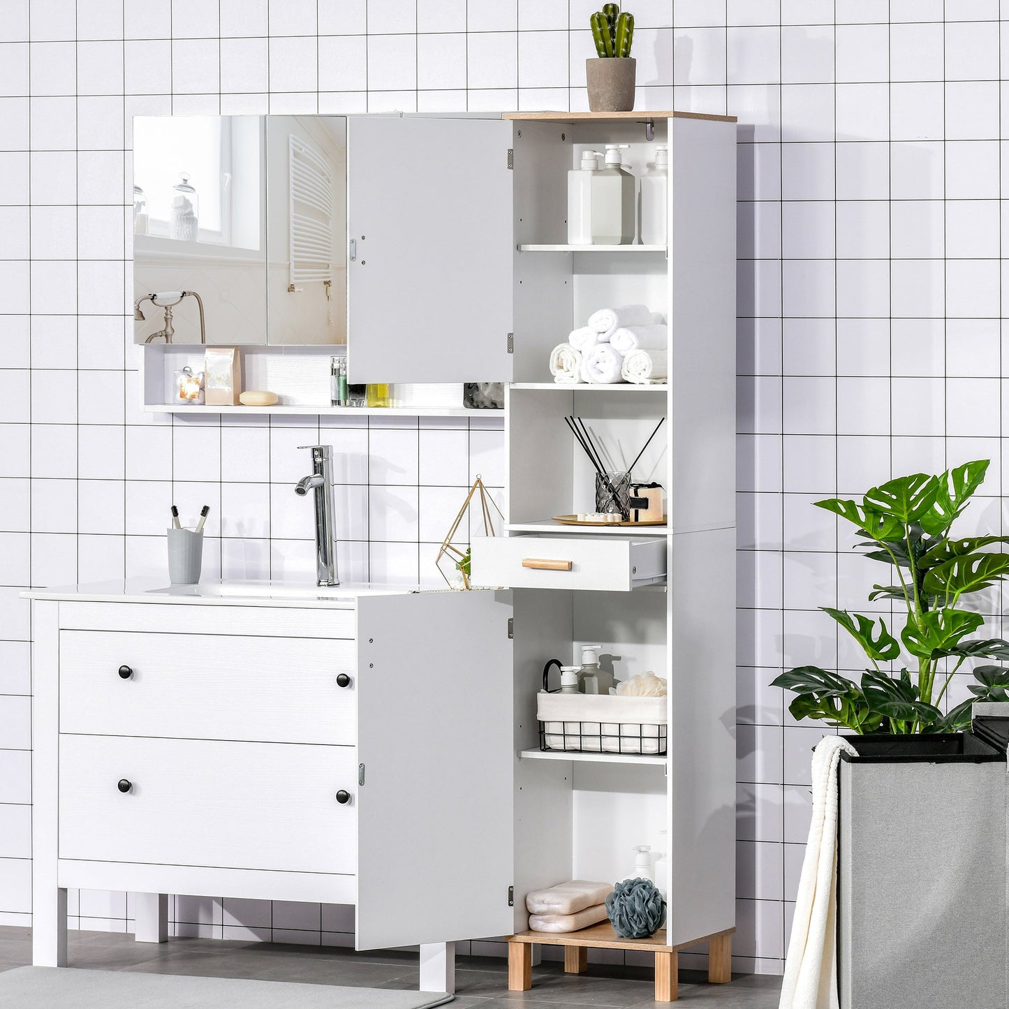 Bathroom Storage Cabinet with Cupboards and Drawer, Floor Free Standing Linen Tower, Tall Slim Side Organizer Shelves, White Bathroom Cabinets   at Gallery Canada