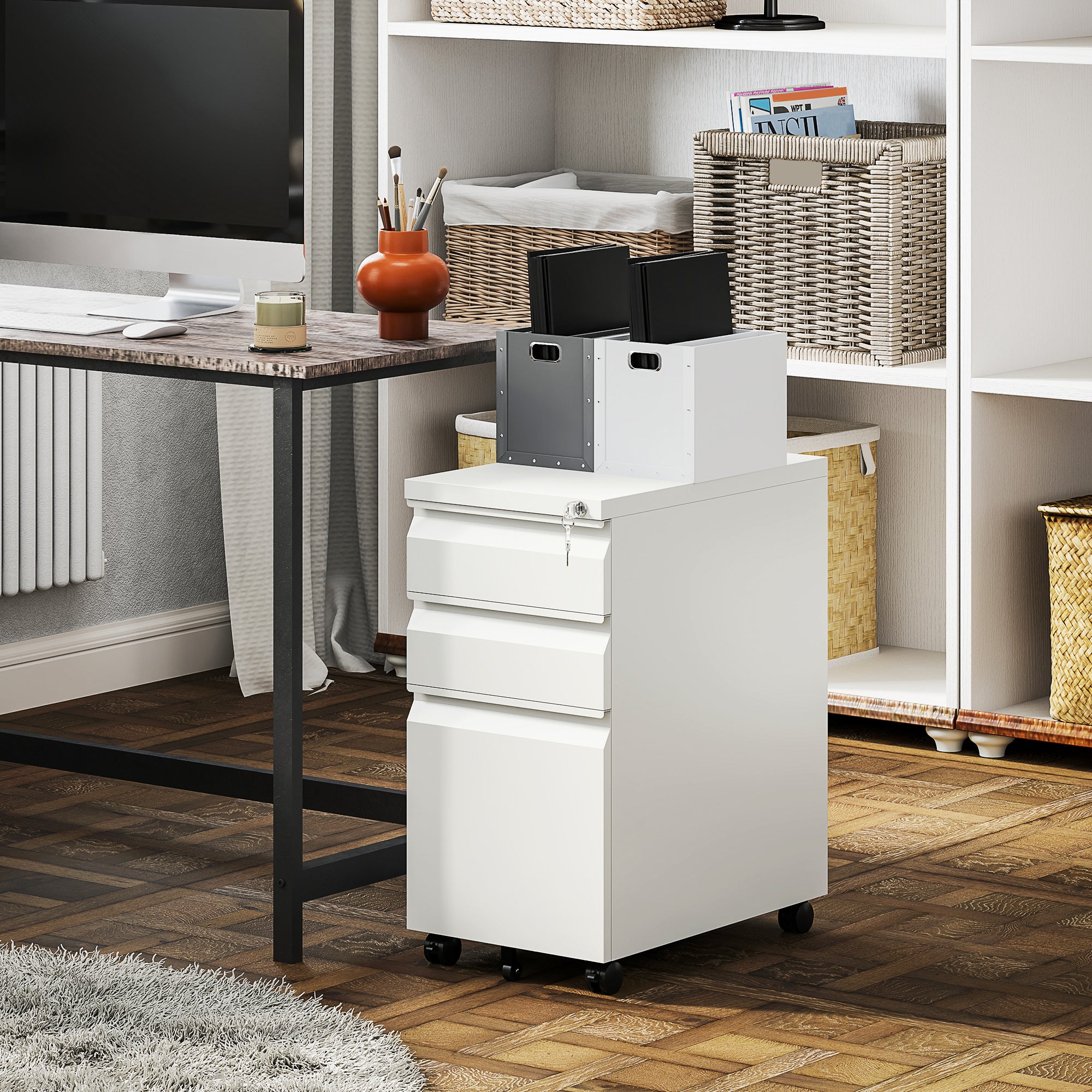 3 Drawer Filing Cabinet with Lock, Steel Office Storage Cabinet with Hanging Bar for A4, Legal, Letter Files, White Office Cabinets & Cupboards at Gallery Canada