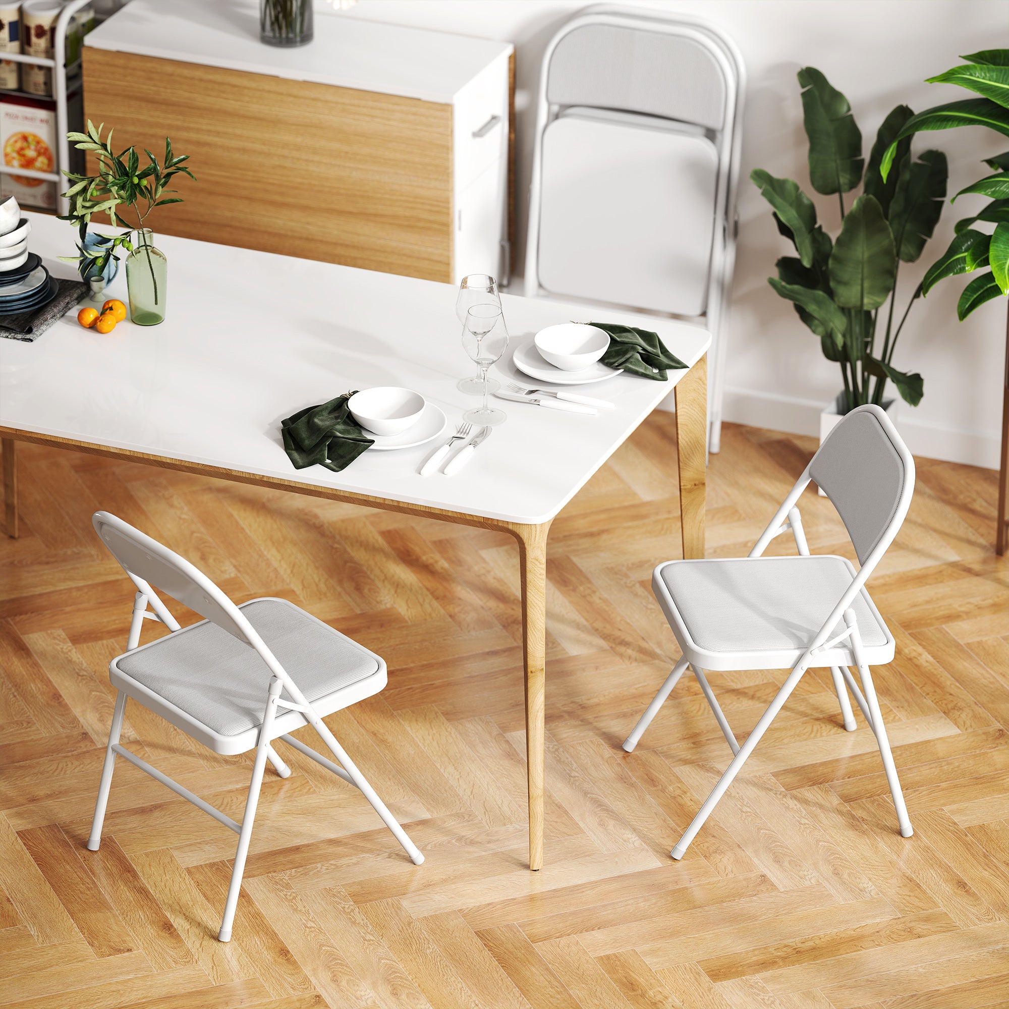 Set of 4 Metal Foldable Chairs, Corduroy Padded Folding Chairs with Cushion Seat and Open Back for Indoor, White Dining Chairs at Gallery Canada