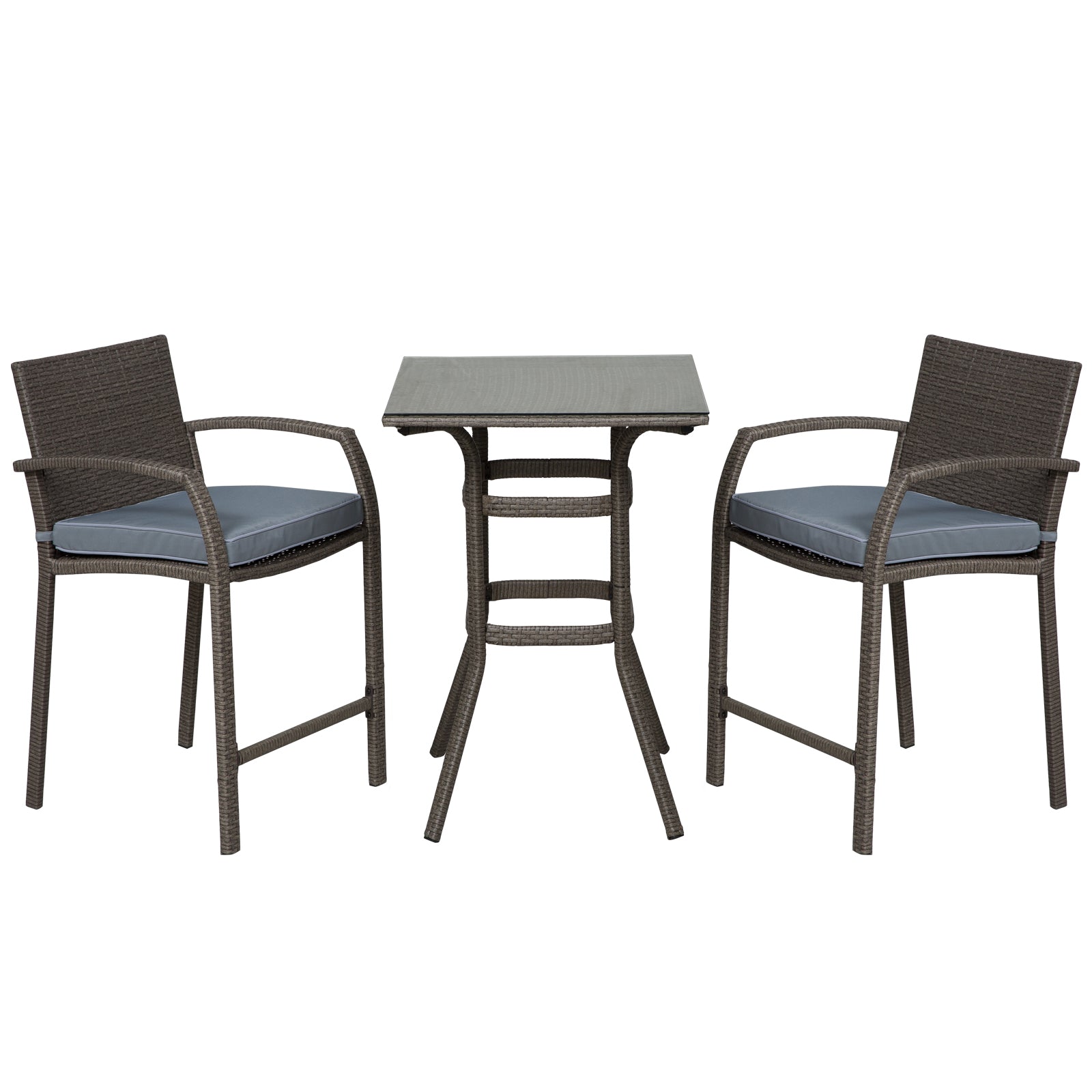3 Pieces Patio Bar Set Wicker Garden Bistro Set Outdoor Furniture PE Rattan Table and Stools with Seat Cushion, Grey Bistro Sets Grey at Gallery Canada