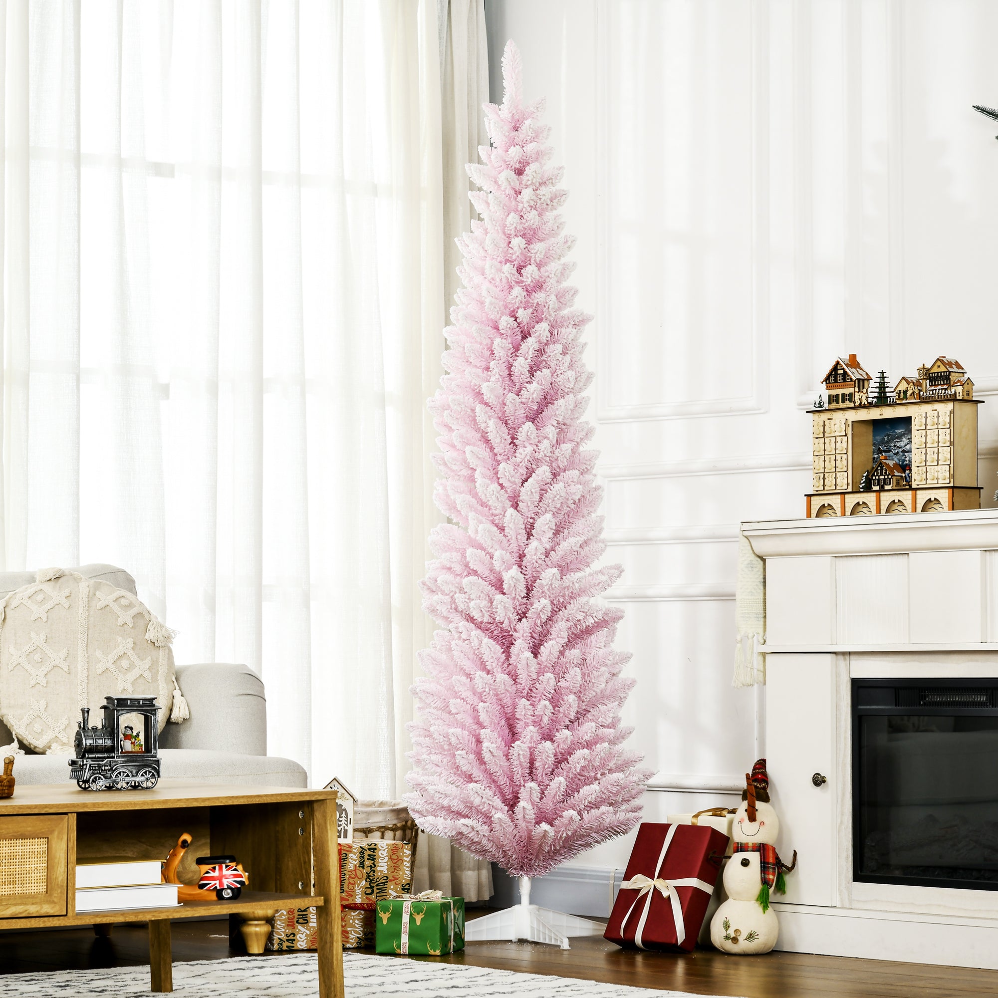 7ft Flocked Christmas Tree, Pencil Artificial Christmas Tree with Realistic Branches, Pink Flocked Christmas Trees Pink  at Gallery Canada