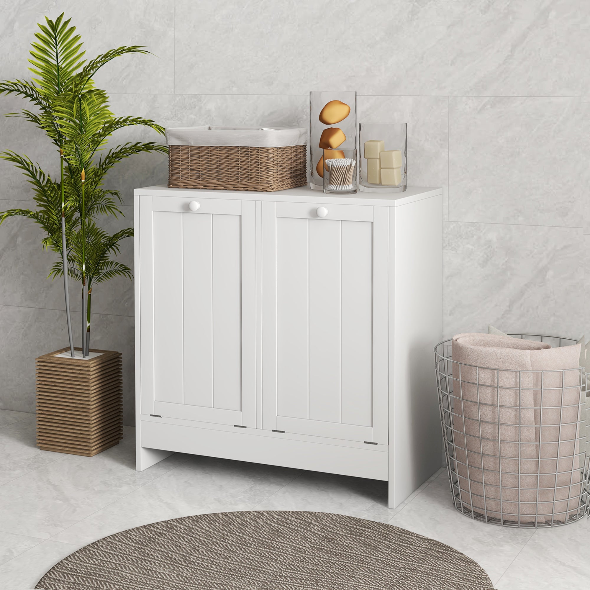 Tilt-Out Laundry Storage Cabinet, Modern Laundry Hamper with 2 Compartments for Bathroom Washroom, White Bathroom Cabinets at Gallery Canada