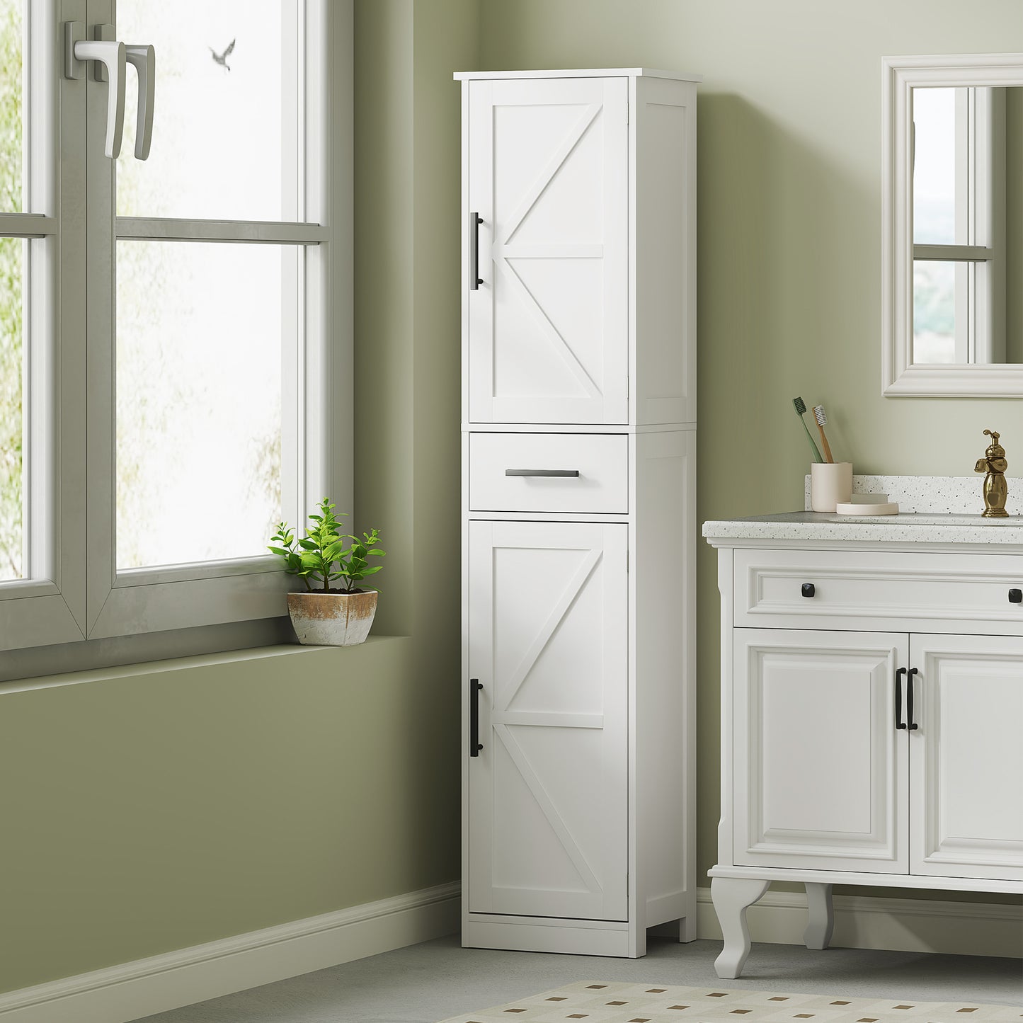 67" Tall Bathroom Cabinet, Narrow Bathroom Storage Cabinet with Drawer, Barn Doors and Adjustable Shelves, White Bathroom Cabinets White at Gallery Canada