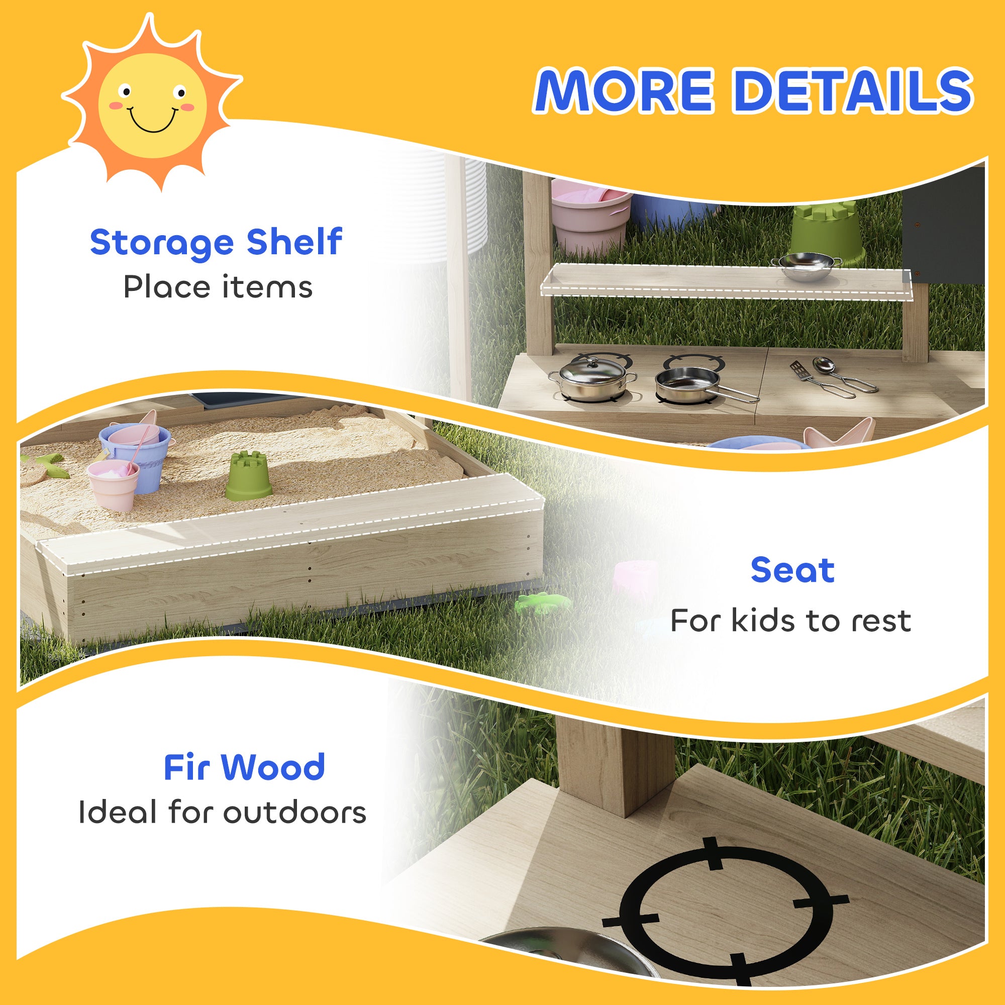 Kids Sandbox with Cover Kitchen Playset Toys, Wooden Sand Box with Seat, Storage, for 3-7 Years Old, Natural Wood Sandboxes & Accessories at Gallery Canada