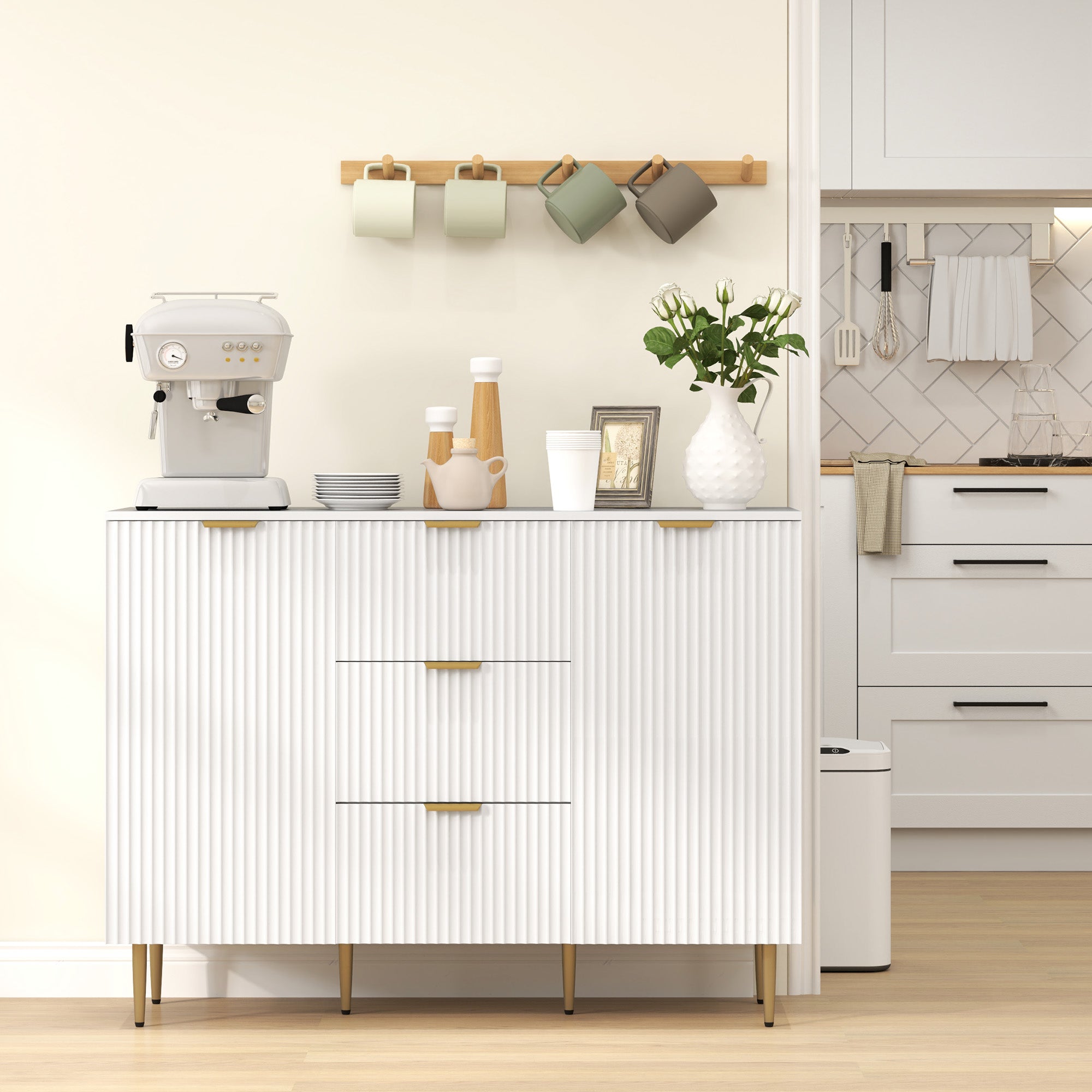 Modern Kitchen Storage Cabinet, Sideboard Buffet Cabinet w/ 3 Drawers and Adjustable Shelves for Kitchen Hallway, White Bar Cabinets   at Gallery Canada