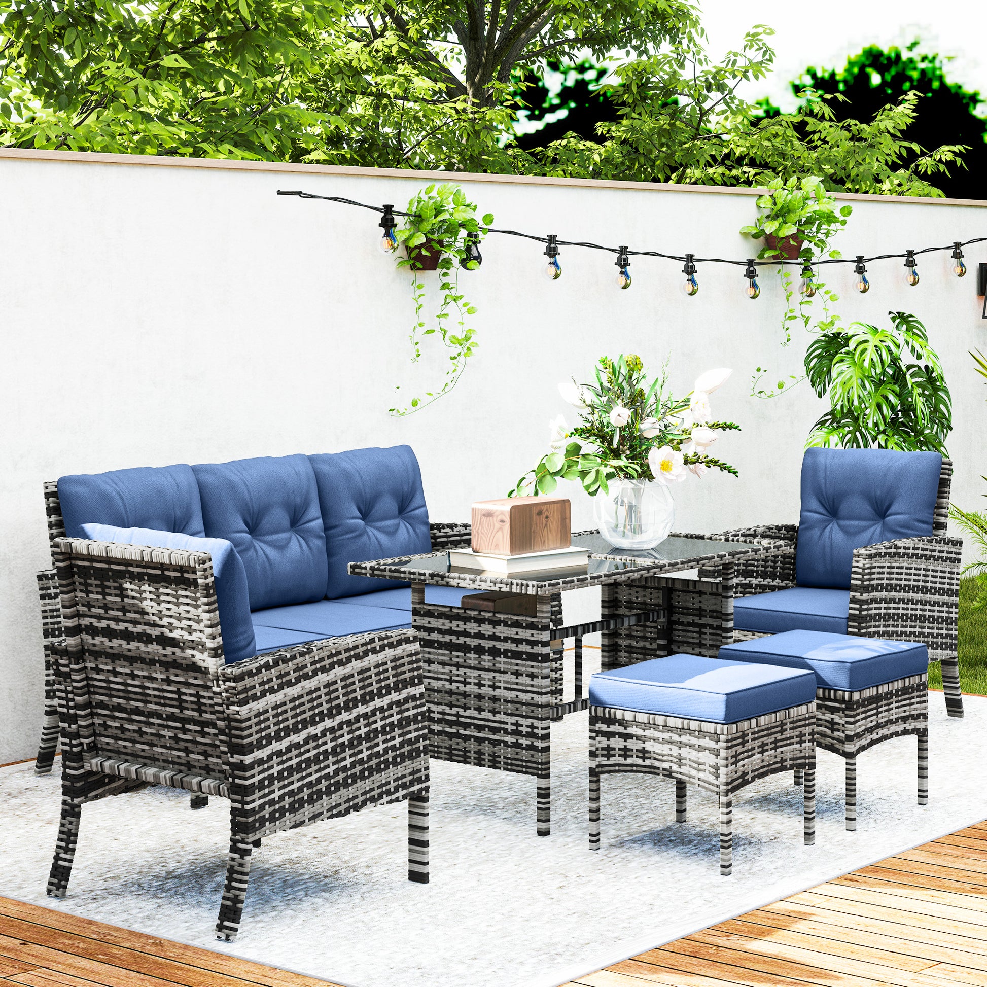 6 Piece Patio Furniture Set with Patio Chairs, Ottomans, Sofa, Glass Top Table and Cushions, Wicker Rattan Outdoor Furniture Set for Backyard, Porch, Navy Blue Patio Furniture Sets at Gallery Canada