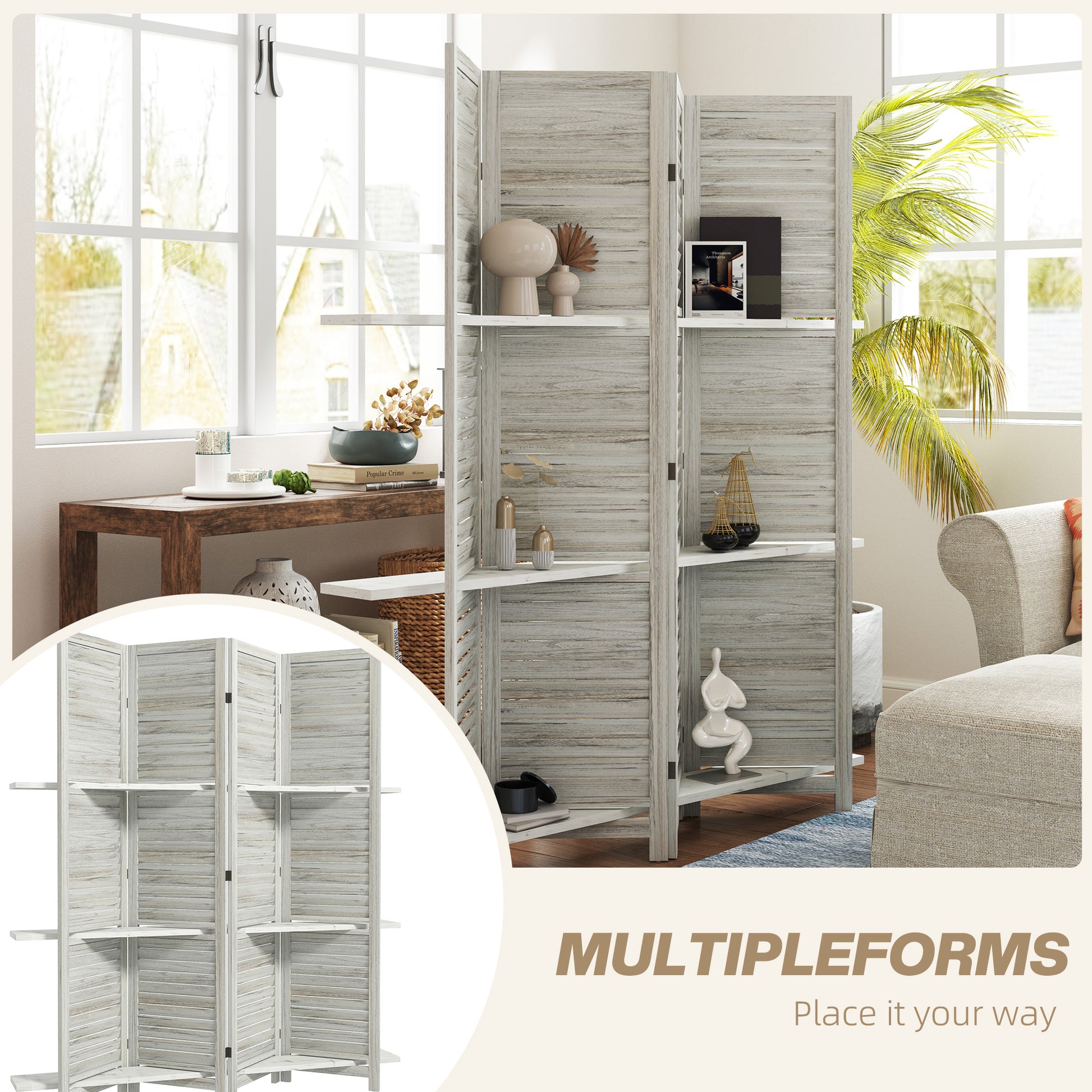 4-Panel Wall Partition Room Separator with 3 Storage Shelves Foldable Design Wooden Frame 5.6FT Distressed White Room Dividers at Gallery Canada