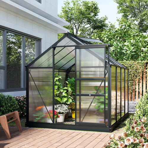 Greenhouse Garden, Green House, Outdoor Greenhouse Kit, PC Board with Sliding Door, 6.2' x 8.3' x 6.6', Grey