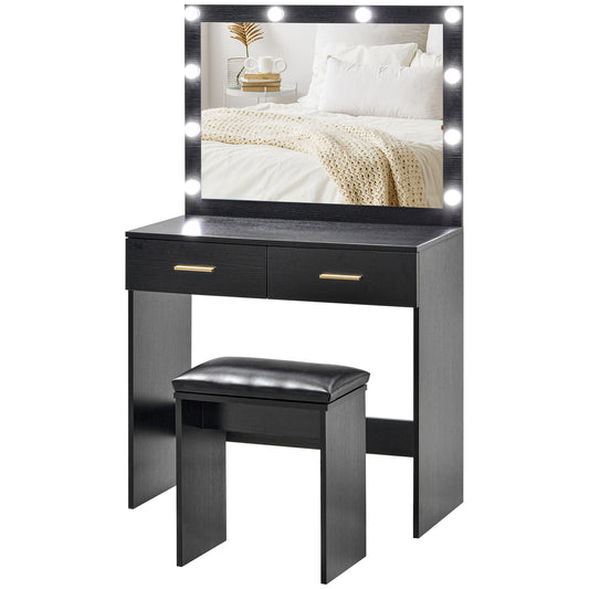 Makeup Vanity Desk Set with Stool, Dressing Table with LED Lighting Mirror, Drawers, for Bedroom, Black Dressing & Vanity Tables   at Gallery Canada