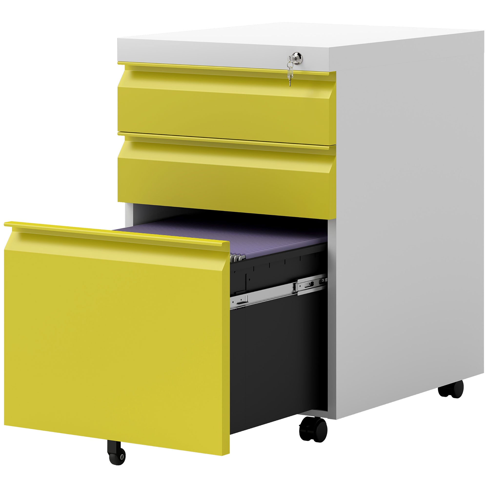 3 Drawer Filing Cabinet, Lockable Office Storage Cabinet on Wheels for Legal, Letter, A4 Files, Yellow Office Cabinets & Cupboards Yellow, White at Gallery Canada