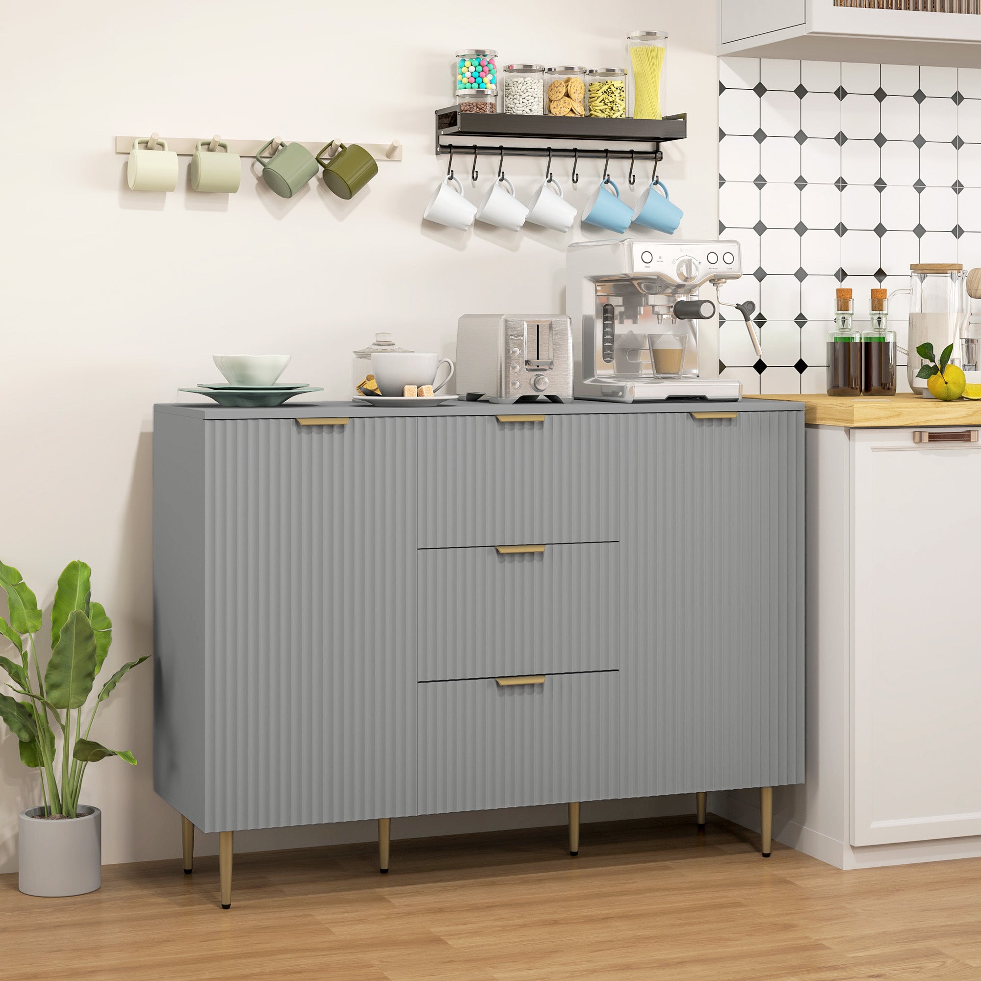 Modern Kitchen Storage Cabinet, Sideboard Buffet Cabinet w/ 3 Drawers and Adjustable Shelves for Kitchen Hallway, Grey Bar Cabinets   at Gallery Canada