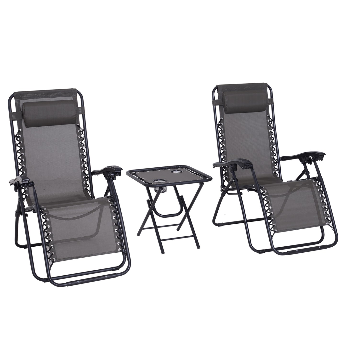 3pcs Zero Gravity Lounger Chair Set Patio Chaise Lounge Side Table Set with Cup Holder, Grey Lounger Chairs   at Gallery Canada