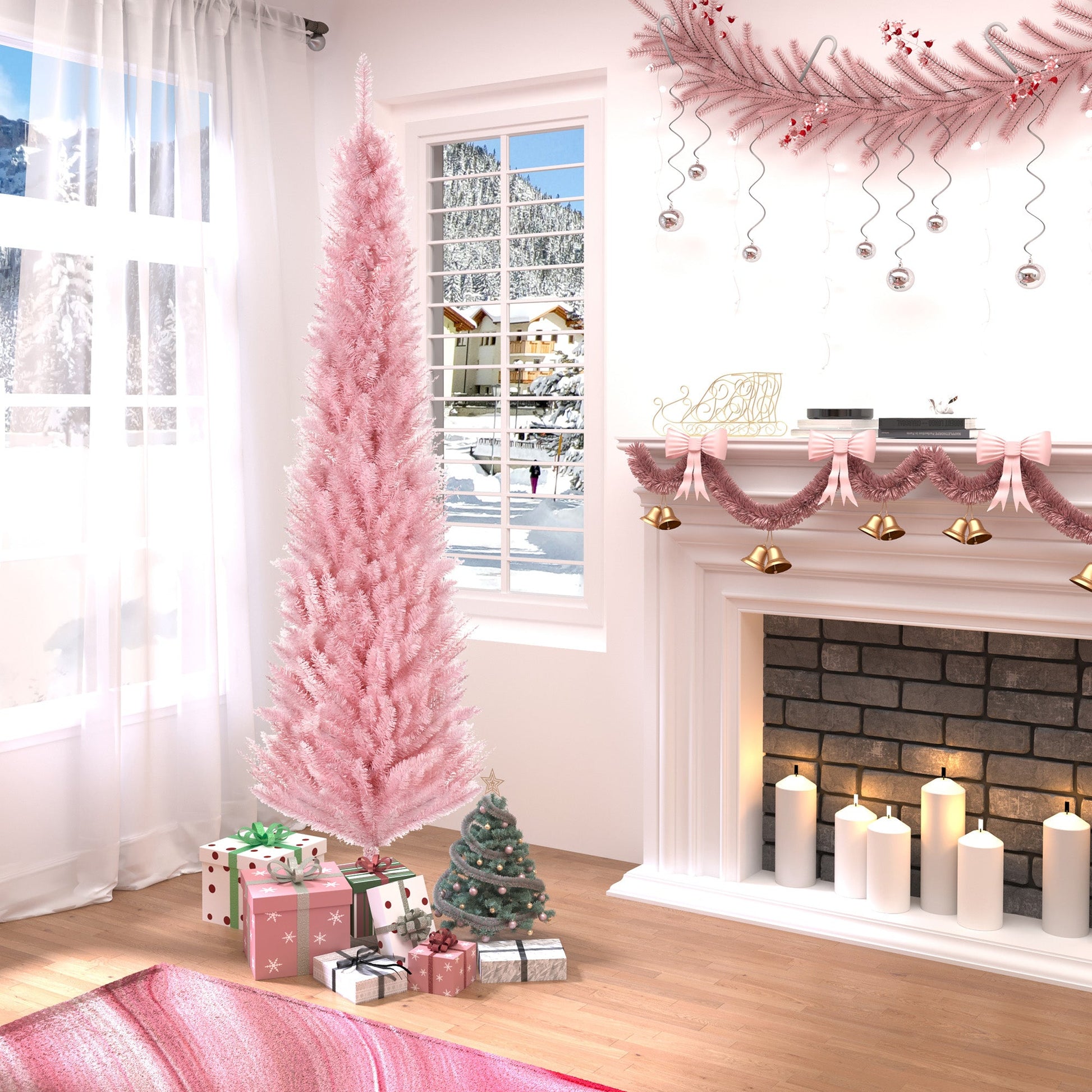 7' Pencil Christmas Tree, Slim Artificial Xmas Tree with Realistic Branches, Sturdy Metal Stand, Pink Pencil Christmas Trees   at Gallery Canada