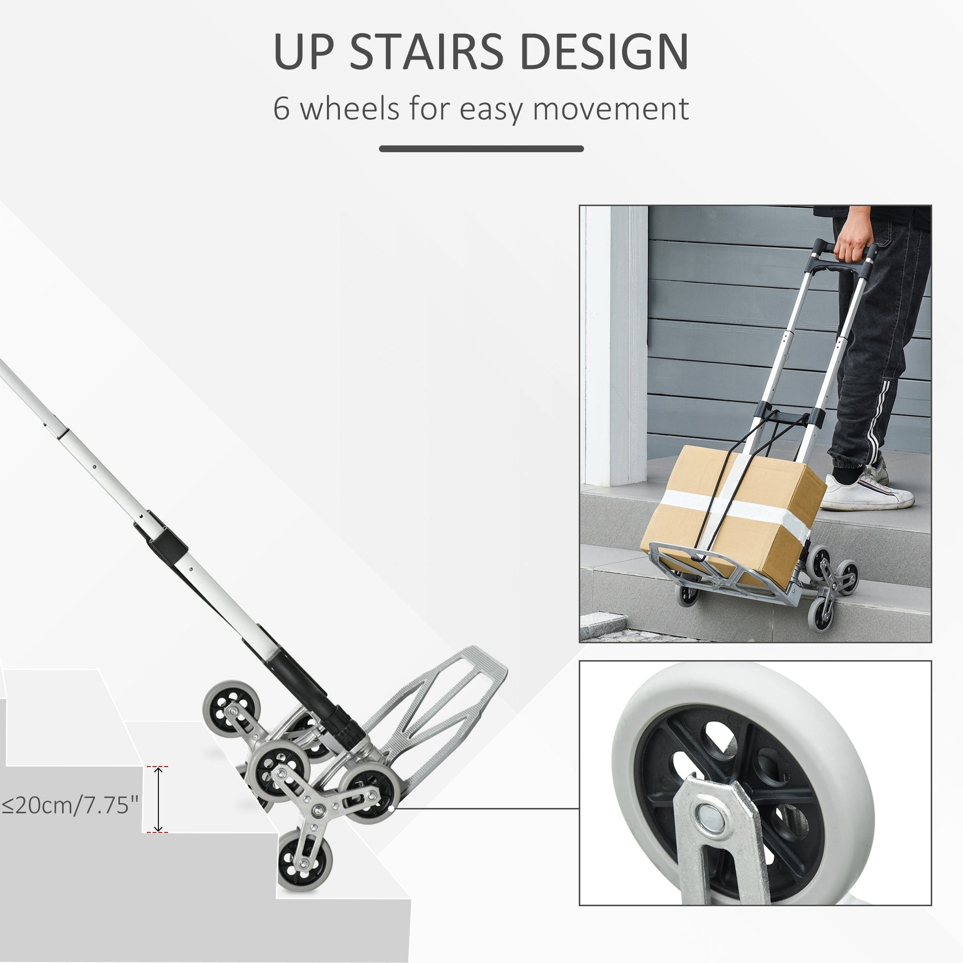 Stair Climbing Cart Portable Folding Hand Truck Aluminum Trolley Dolly with 6-Wheels and Fixed Rope, 154lbs Capacity for Home Office Travel Silver Folding Hand Trucks   at Gallery Canada