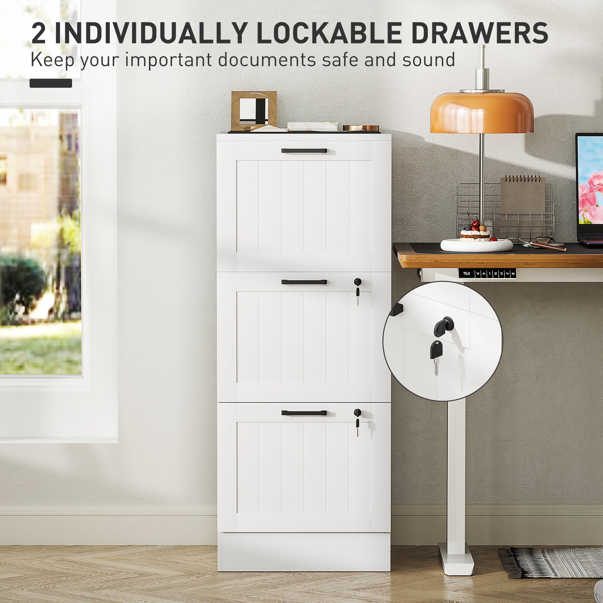 3 Drawer Filing Cabinet with Lock, Office Storage Cabinet with Adjustable Hanging Bars for A4 Letter Size Files, White Office Cabinets & Cupboards at Gallery Canada