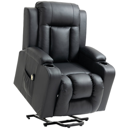 Electric Power Lift Chair, PU Leather Recliner Sofa with Footrest, Remote Control and Cup Holders, Black Electric Power Lift Chairs Black  at Gallery Canada