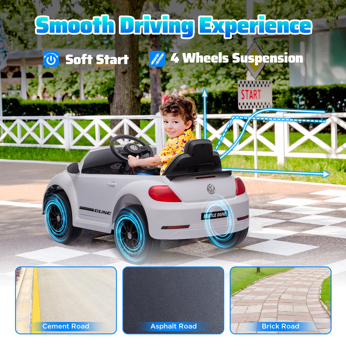 12V Volkswagen Beetle Licensed Electric Car for Kids w/ Remote Control, 4 Spring Suspension Wheels, Soft Start, White Electric Toy Cars   at Gallery Canada