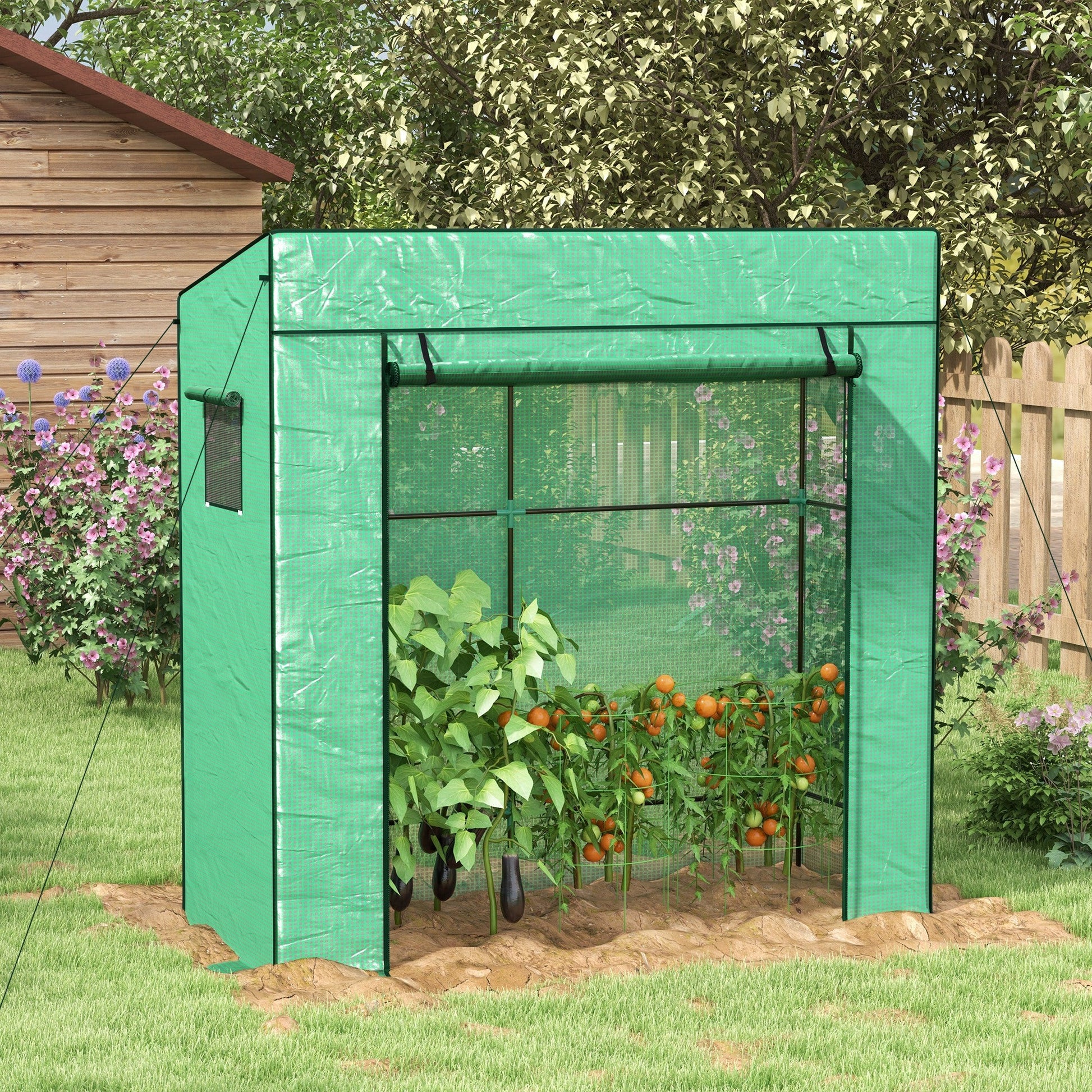 Walk-in Tomato Greenhouse Lean-to Green House with Reinforced PE Cover, Roll-up Door, Mesh Windows, Green Greenhouses   at Gallery Canada