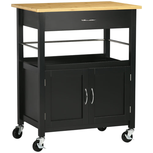 Kitchen Cart, Utility Trolley, Small Kitchen Island with Storage Drawer &; Side Hooks for Dining Room, Black