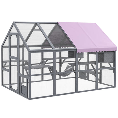 Outdoor Cat Enclosure Wooden Feral Cat House w/ Weatherproof Canopy, Bridges, Resting Boxes, Platforms, for 3-6 Cats Outdoor Cat Enclosures Grey  at Gallery Canada