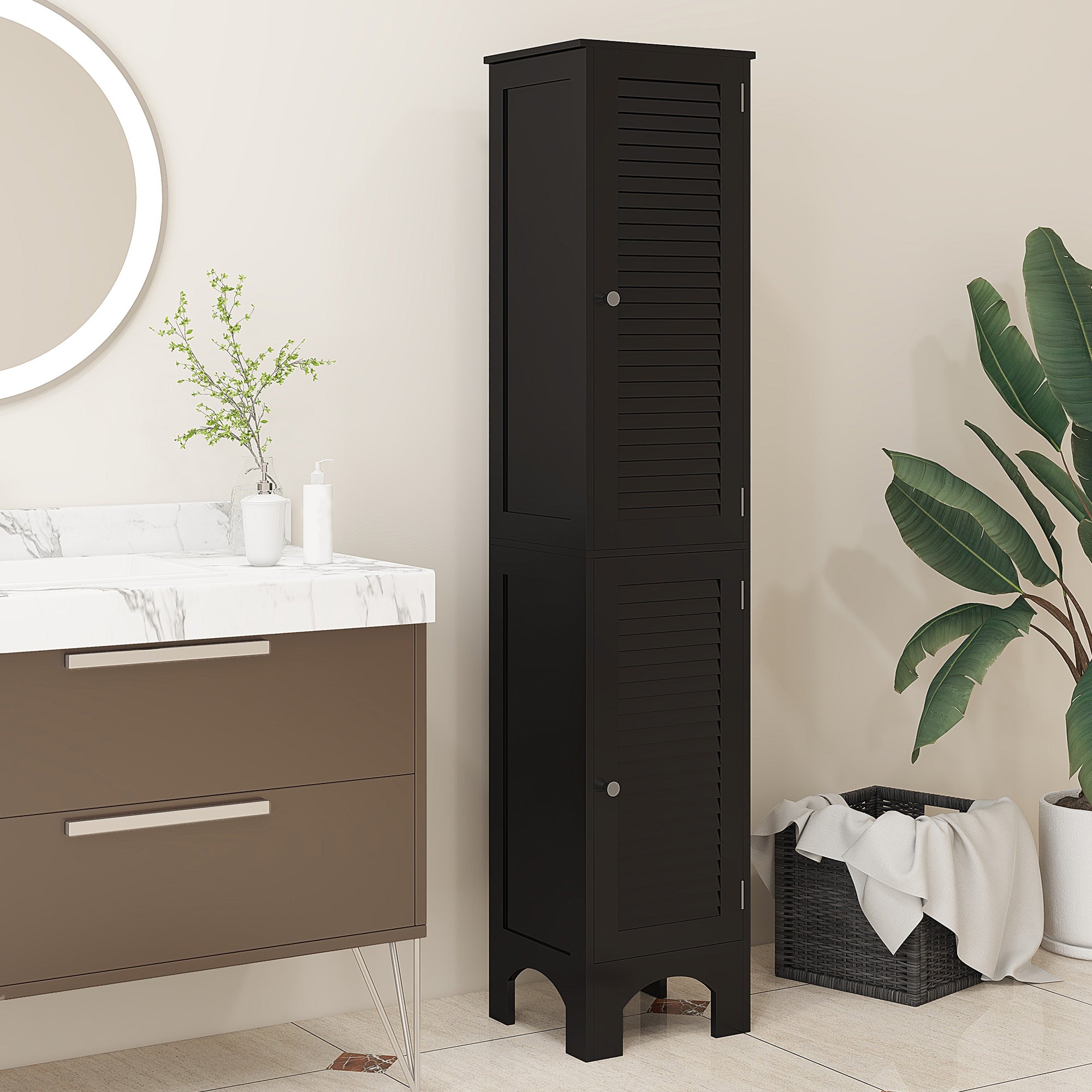 Narrow Bathroom Cabinet, Tall Bathroom Storage Cabinet with Shelves and Doors, Black Bathroom Cabinets Black  at Gallery Canada