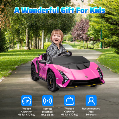 12V Lamborghini Autentica Licensed Kids Car with Remote Control, 4 Wheels Spring Suspension, Soft Start, Pink Electric Toy Cars   at Gallery Canada