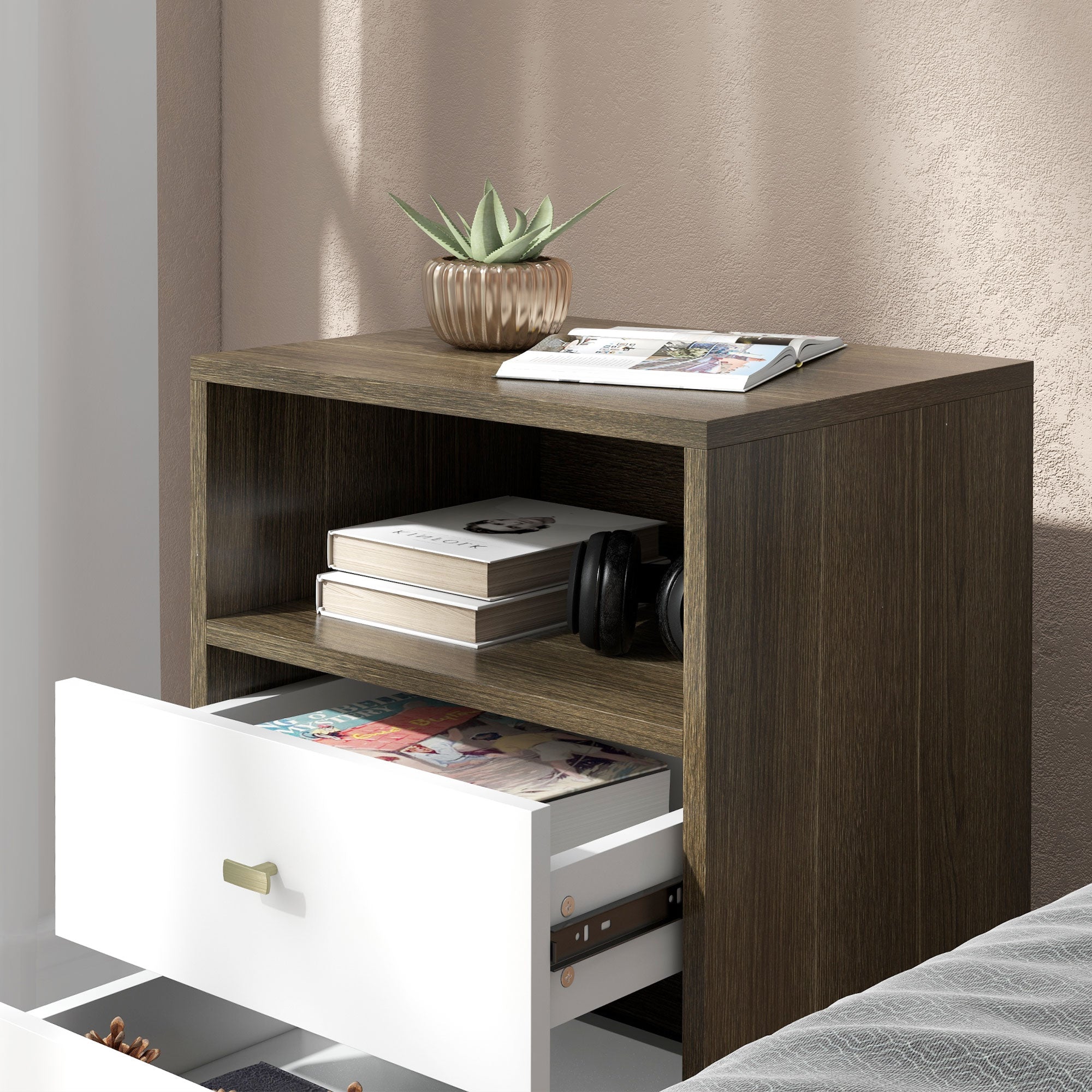 Nightstand Set of 2, Modern Bedside Table, Night Stand for Living Room with 3 Drawers and Open Storage, Grey Bedside Tables   at Gallery Canada