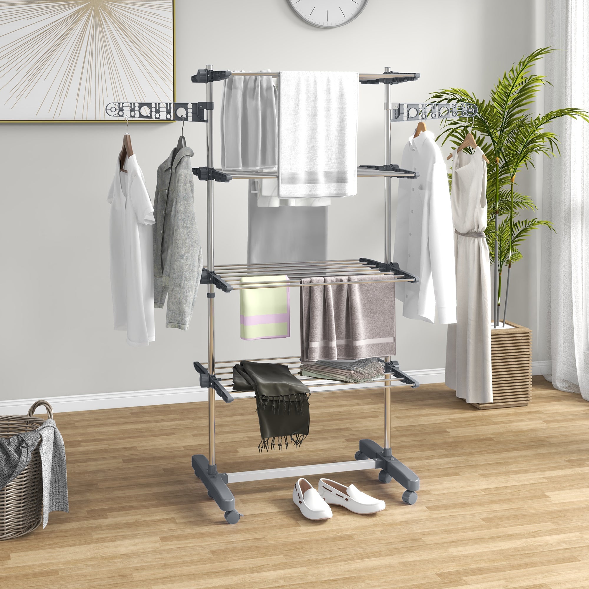 Garment Drying Rack Stainless Steel Folding Clothes Hanging Rack with Side Wings Castors for Indoor Outdoor Grey Bath Accessories at Gallery Canada
