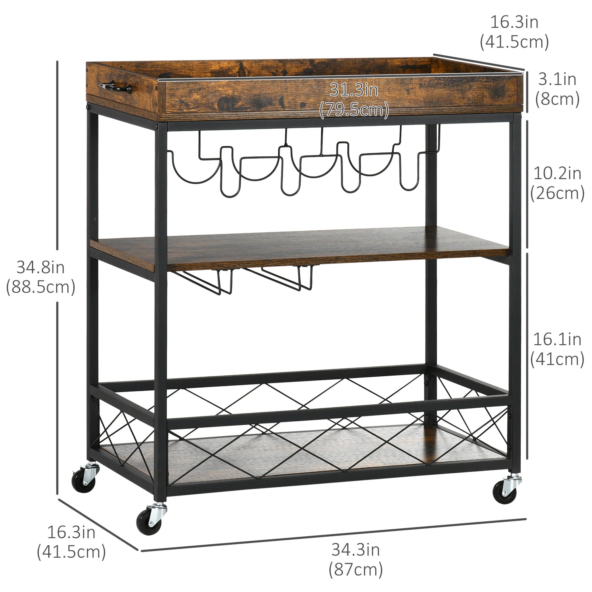 3-Tier Kitchen Cart on Wheels with Removable Tray, Wine Racks, Glass Holders Rustic Brown Kitchen Islands & Kitchen Carts   at Gallery Canada