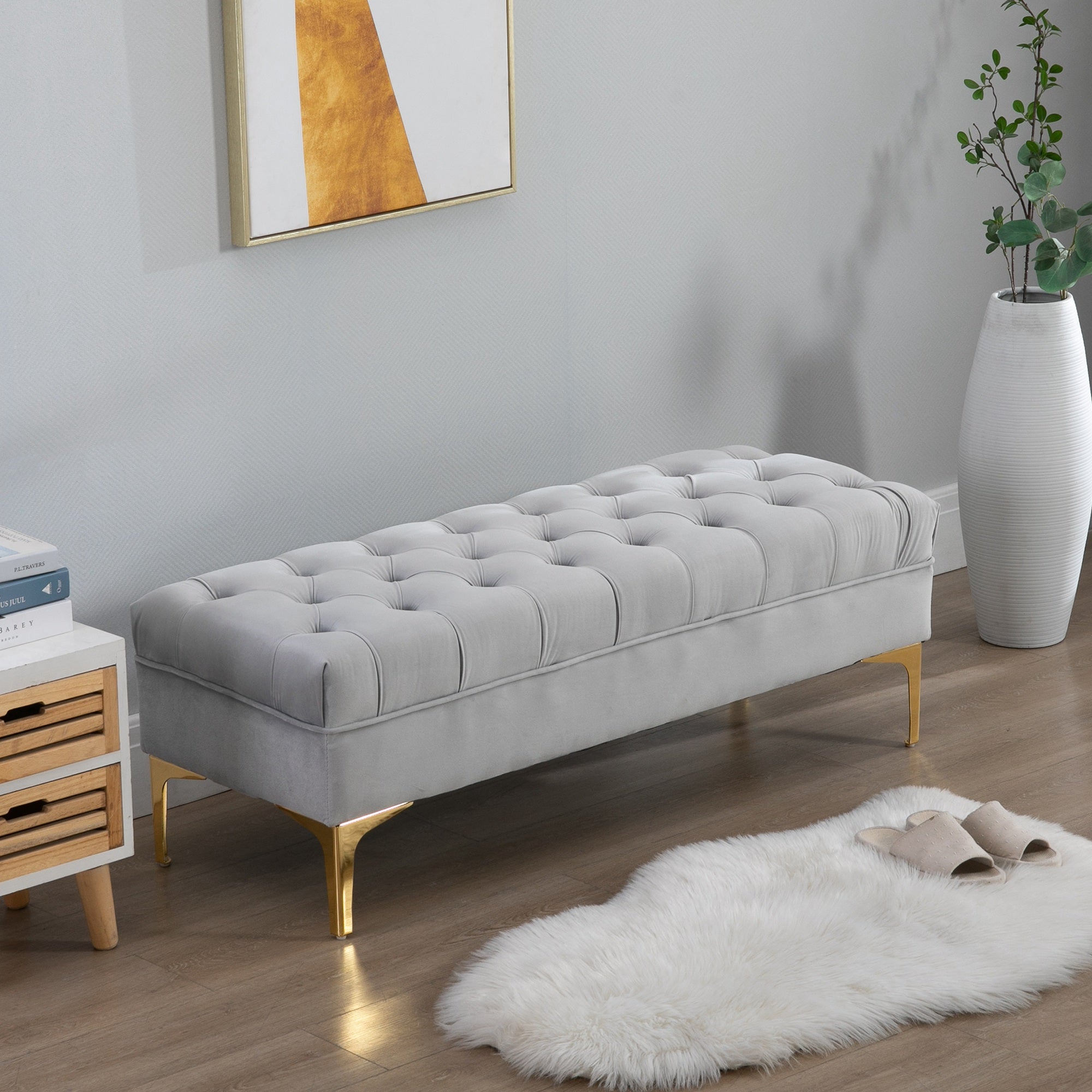 End of Bed Bench, Upholstered Bench, Entryway Shoe Bench with Button Tufted for Living Room, Bedroom, Grey Storage Ottomans & Benches at Gallery Canada