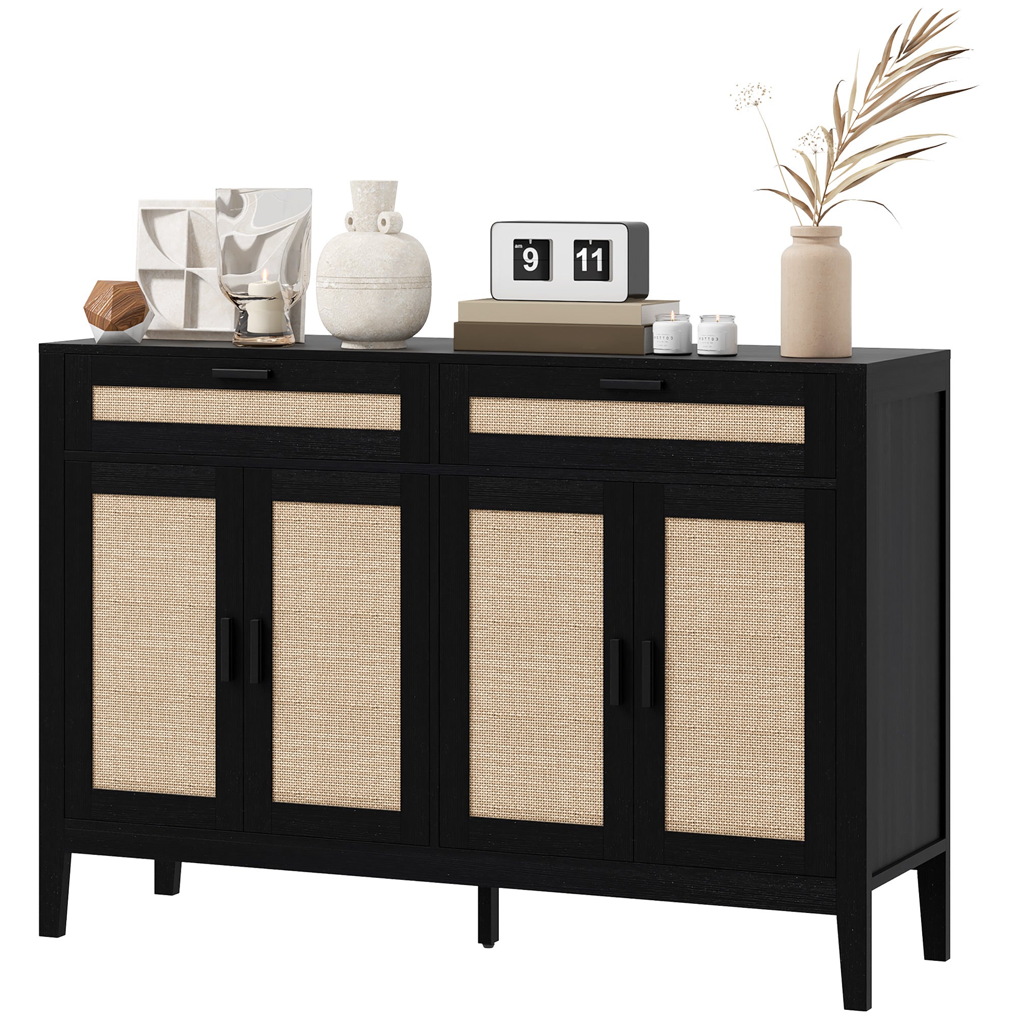 Kitchen Sideboard Cabinet, Boho Buffet Table with Decorative Rattan Doors and Drawers for Dining Room, Black Storage Cabinets   at Gallery Canada