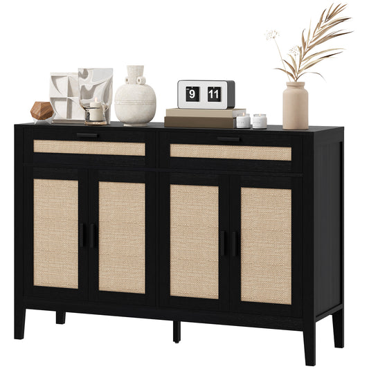 Kitchen Sideboard Cabinet, Boho Buffet Table with Decorative Rattan Doors and Drawers for Dining Room, Black Storage Cabinets   at Gallery Canada