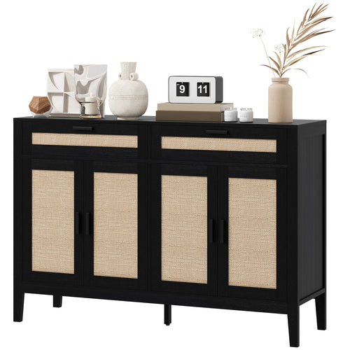 Kitchen Sideboard Cabinet, Boho Buffet Table with Decorative Rattan Doors and Drawers for Dining Room, Black