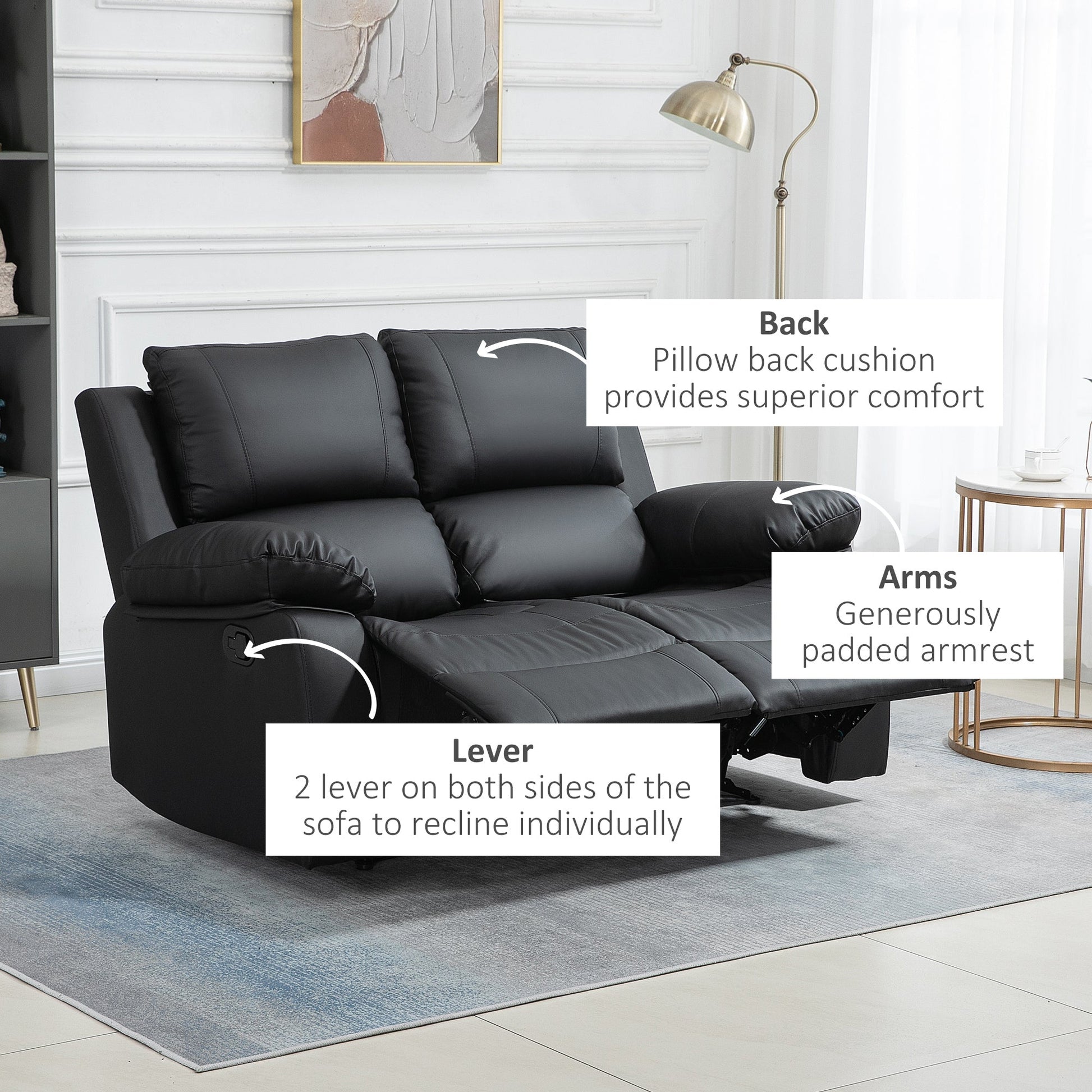 Double Reclining Loveseat, PU Leather Manual Recliner Chair with Pullback Control Footrest for Living Room, Black 2-Seater Sofas   at Gallery Canada